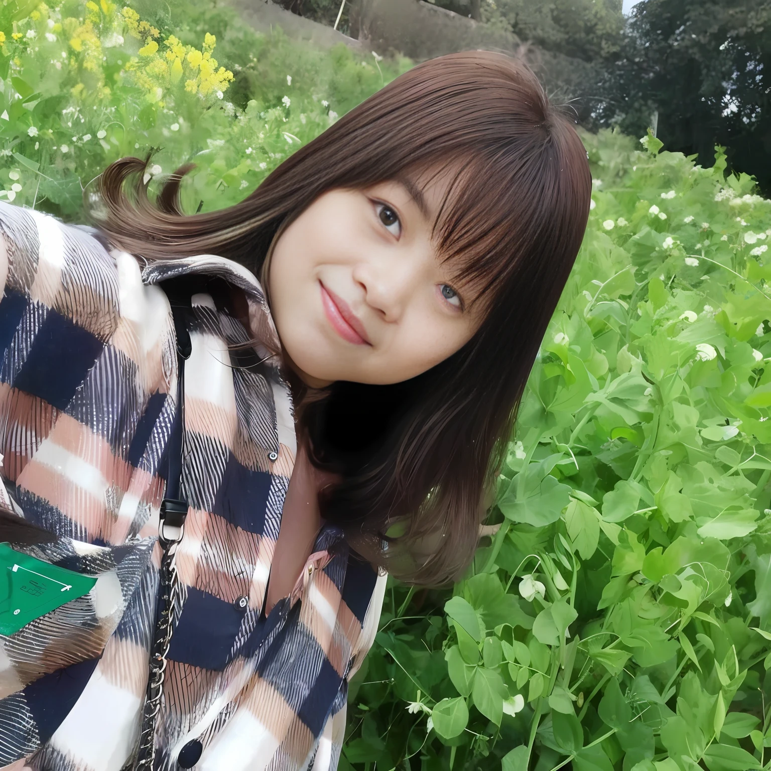 Anime style,faithfully restored,Woman taking a selfie in a flower field, chiho, xintong chen, girl frontal in a flower field, Chiho Aoshima, Yoshitomo Nara, With bangs, Shouko Nishimiya, Chiho ashima, A young Asian woman, kazami yuuka, tsutomo nihie, Kiyoko Suzuki