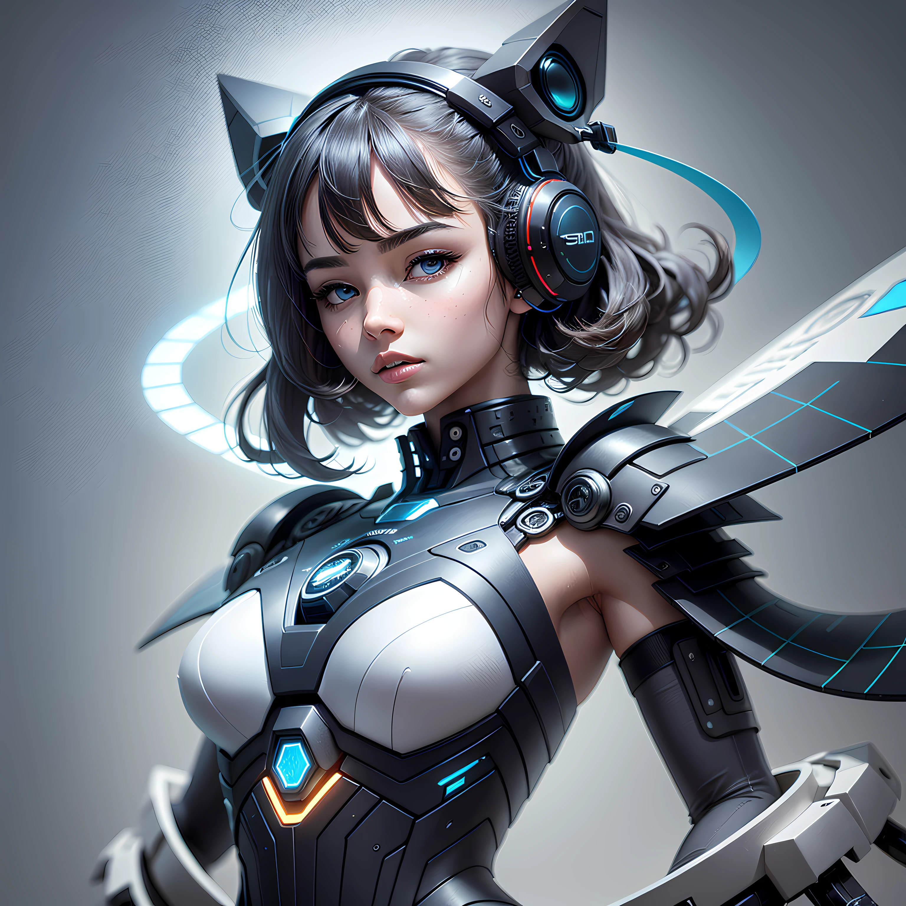 mecha-girl,leap,hair bobbles, wince, solid circle eyes, fake animal ears, light smile, Surrealism, drop shadow, anaglyph, stereogram, tachi-e, pov, atmospheric perspective, 8k, super detail, ccurate, best quality --auto