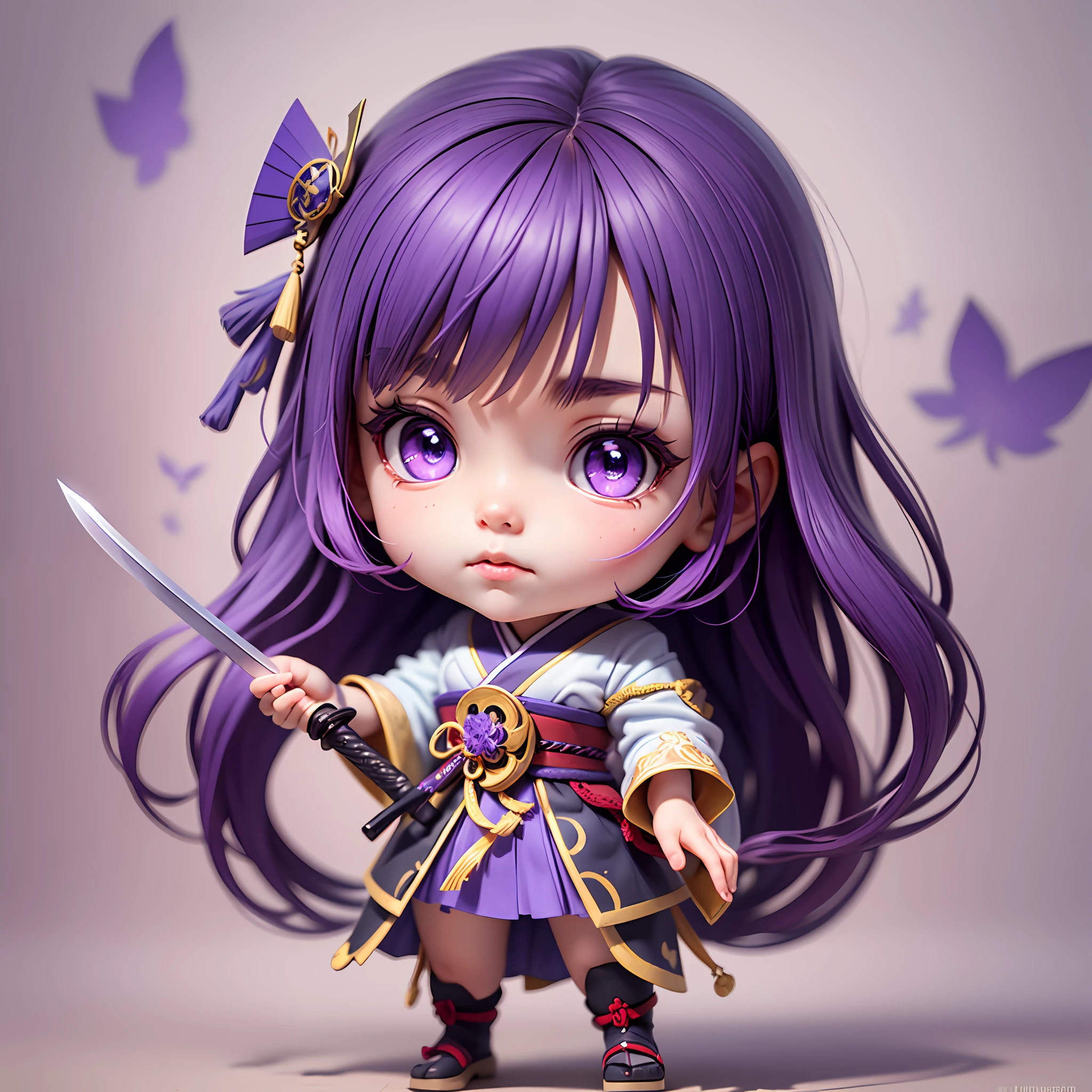 (masterpiece, best quality, absurdres, foreshortening),
photo of a highly detailed,(full body:1.2),cute face ,
chibi, (beautiful detailed face), (beautiful detailed eyes),
raiden shogun,long hair,holding a sword in hand,
standing with purple japanese clothes,rendered in blender,purple hair,