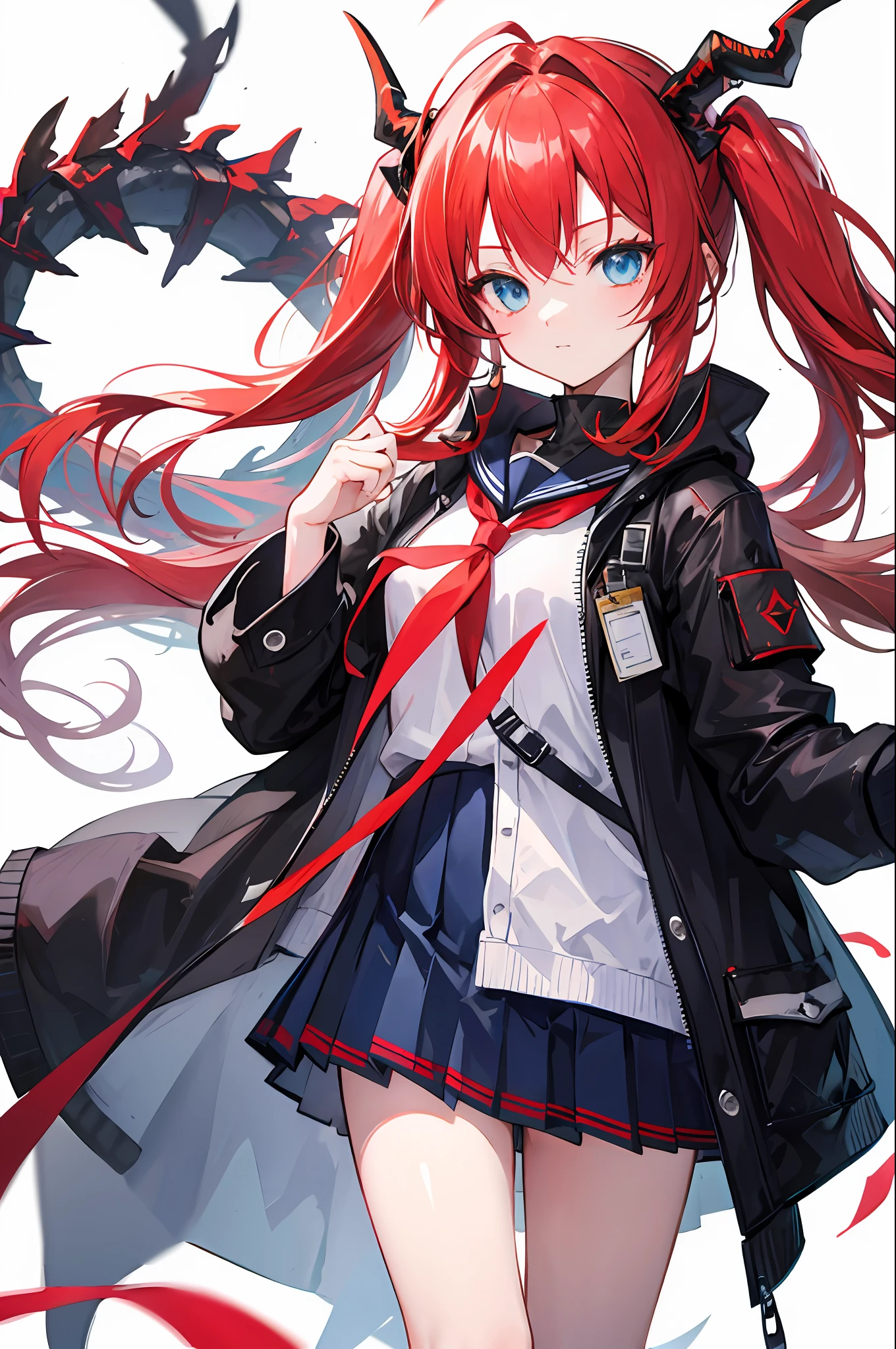 red hair, blue eyes, twintails,black Sailor suit,Dragon horns,coat,Pleated skirt,solo,1girl, arknights, long hair, loli,(masterpiece),(bestquality)