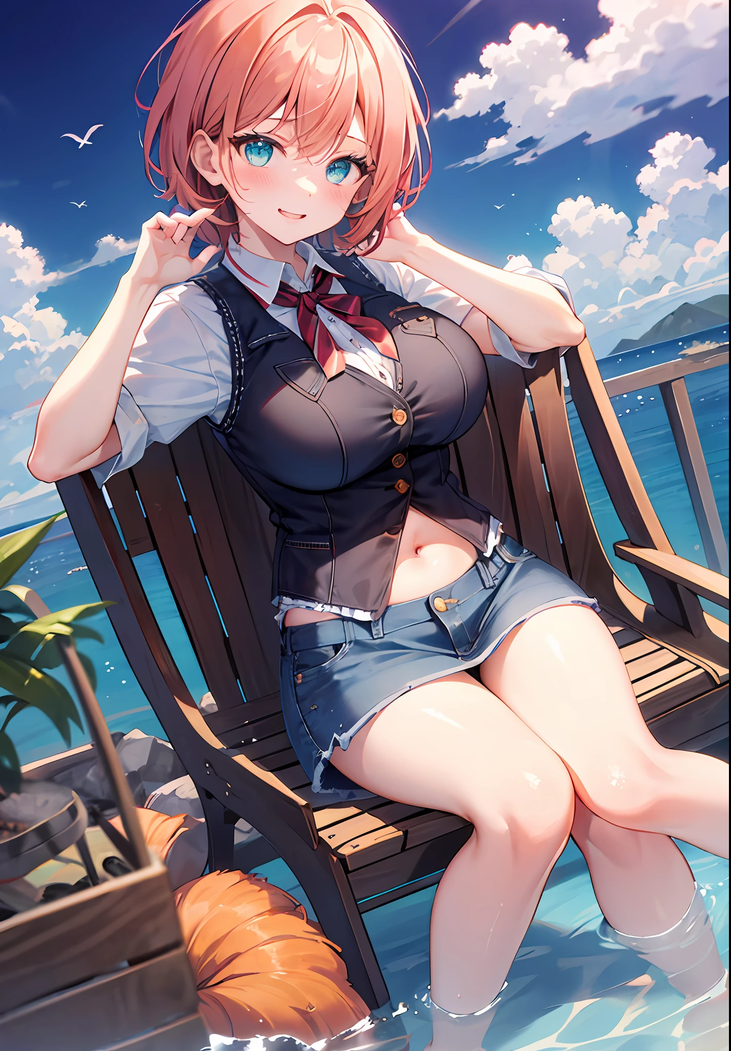 VerydetailedCG，UHD wallpaper， extremy detailed，（（（Best Quority）））， （（ultra detali））， 1girl huge large breasts， Animal_oren， Black_Hair， Blue_Eyes， Large breasts， cat_oren，((denim vest，and wear no underwear，Expose navel，Super short skirt))， the clouds， Cloudy_Sky， crepuscular， nights， Gradient_Sky， horizon， Looking_At_peeping at the viewer， makeups， mediating_breasts， Aqua Eye， woven， Eau， droplets of water， mont， mountainous_horizon， navels， the ocean， Orange_Sky， exteriors， Palm_tree， The purple_Sky， Red_Sky， short_Hair， Sat down， skyward， ssmile， 独奏， suns， sunraise， sun setting， The tree， at twilight， Eau