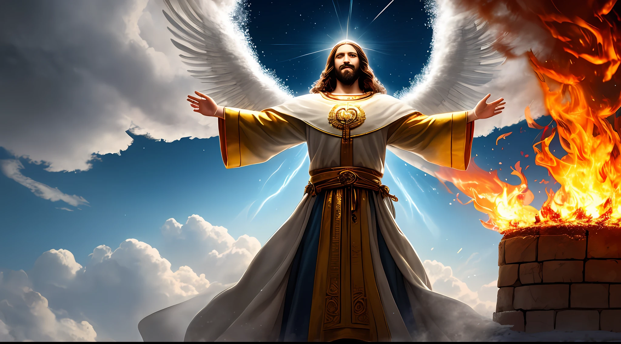 Jesus second coming in the heavens, face like the midday sun, crown, a tunic and a golden breastplate, hair as white as snow, eyes as flames of fire, feet as refined bronze in the furnace, light smile, Surrealism, backlighting, cinematic lighting, high quality, high details, best quality