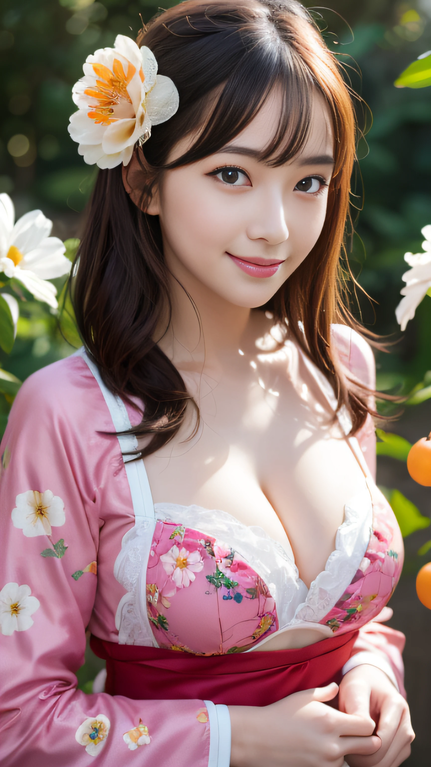{{{{{{{photorealistic}}}}}}}, {{{{extremely intricate}}}}, {{{{{8k}}}}}, {{{{ultra highres}}}}, soft light, {{{{{film grain}}}}}, pale skin, skinny, simple background, white theme, bright, bloom, bleach bypass, 2girls, 3:, :d, blue_eyes, blush, breast_press, breasts, brown_hair, cheek-to-cheek, cleavage, collarbone, eyebrows_visible_through_hair, floral_print, flower, food, fruit, hair_flower, hair_ornament, heads_together, korean_clothes, hanbok, long_hair, mandarin_orange, medium_breasts, multiple_girls, new_year, open_mouth, pink_flower, , shiny_skin, short_hair, silver_hair, smile, symmetrical_docking, upper_body, shadow, , pureerosface_v1, hanbok,