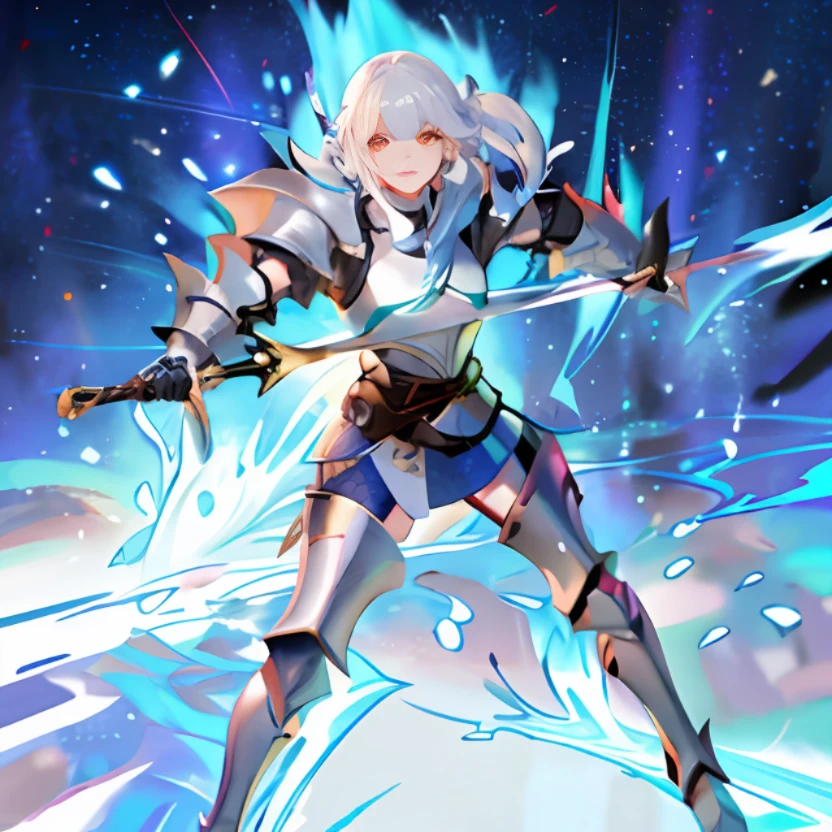 Anime characters with sword and armor on blue and white background, sliver ice color reflected armor, Armor Girl, in opal armor, Ayaka Genshin impact, From Arknights, fate grand order, covered in full silver armor, with sleek silver armor, Keqing from Genshin Impact, Water armor, knights of zodiac girl, ayaka game genshin impact