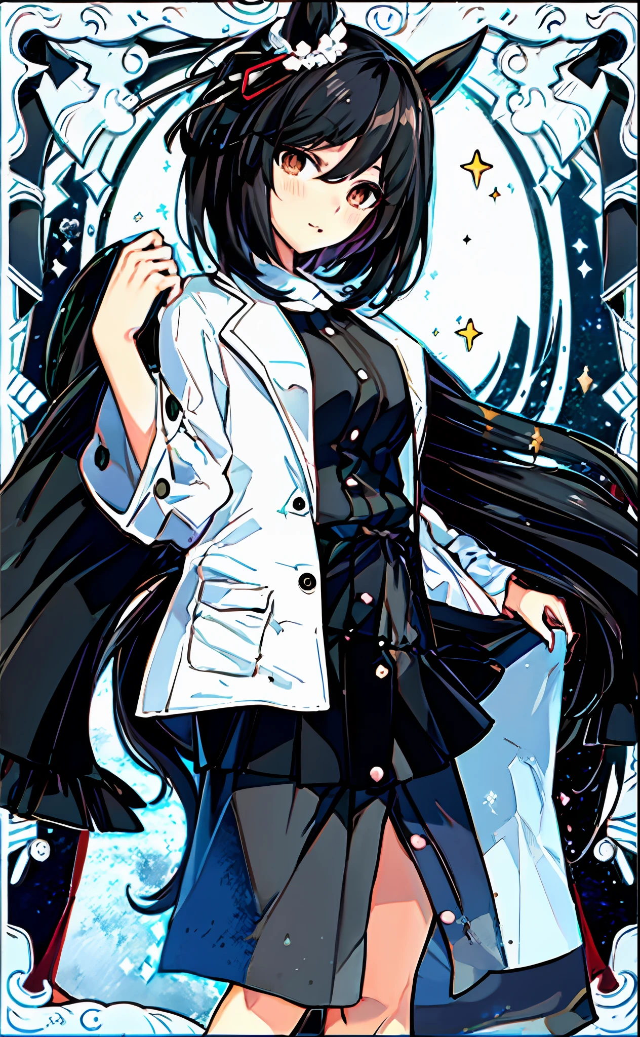 (Moe Art, official character art, Kantai Collection Style setting)An anime girl in a black and white costume and a white coat，black-haired mage，akane owari danganronpa, wearing a long coat。Unique temperament at dynamic angles，Dazzling magic, Landing meteors，in short，Everything is super！adolable！