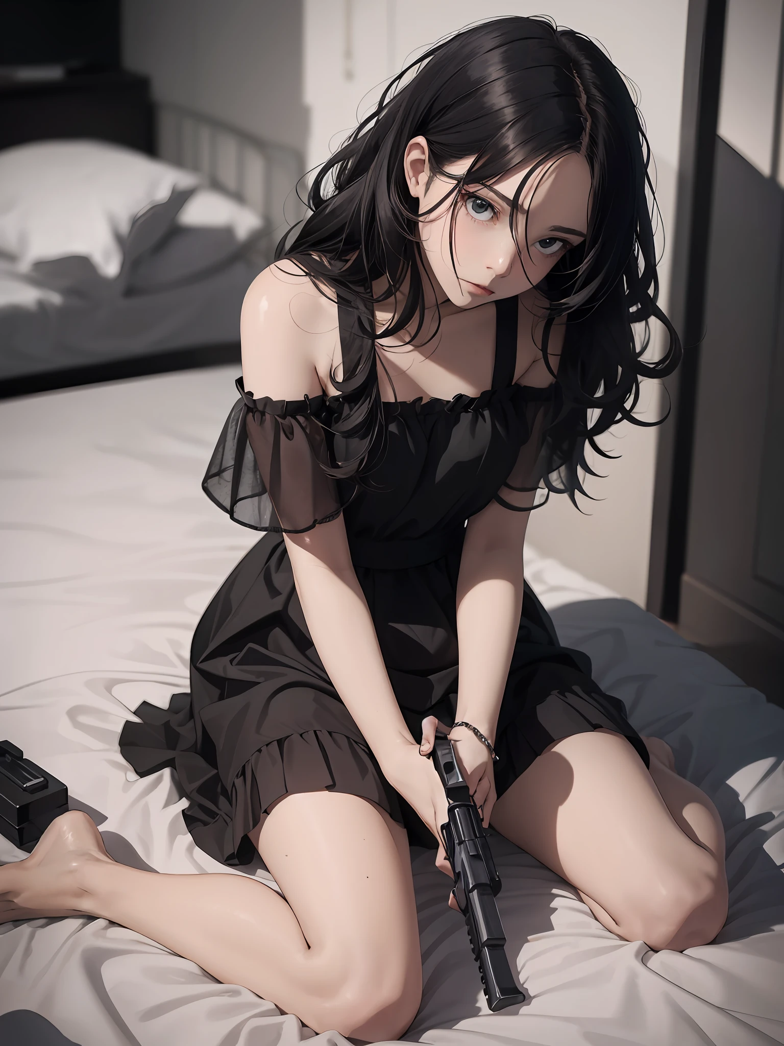 High quality，Amazing images，
one-girl，pop star，middle parted hairstyle，Long black hair，((Holding a gun))，Locked in the room，((There were cameras all over the room))，Beds，The  is in a state of despair，This is a photo of suicide，Perspective is the perspective of looking down at the shoulders behind your back，kneels on the ground，
Wear a dark dress，The overall tone is dark，