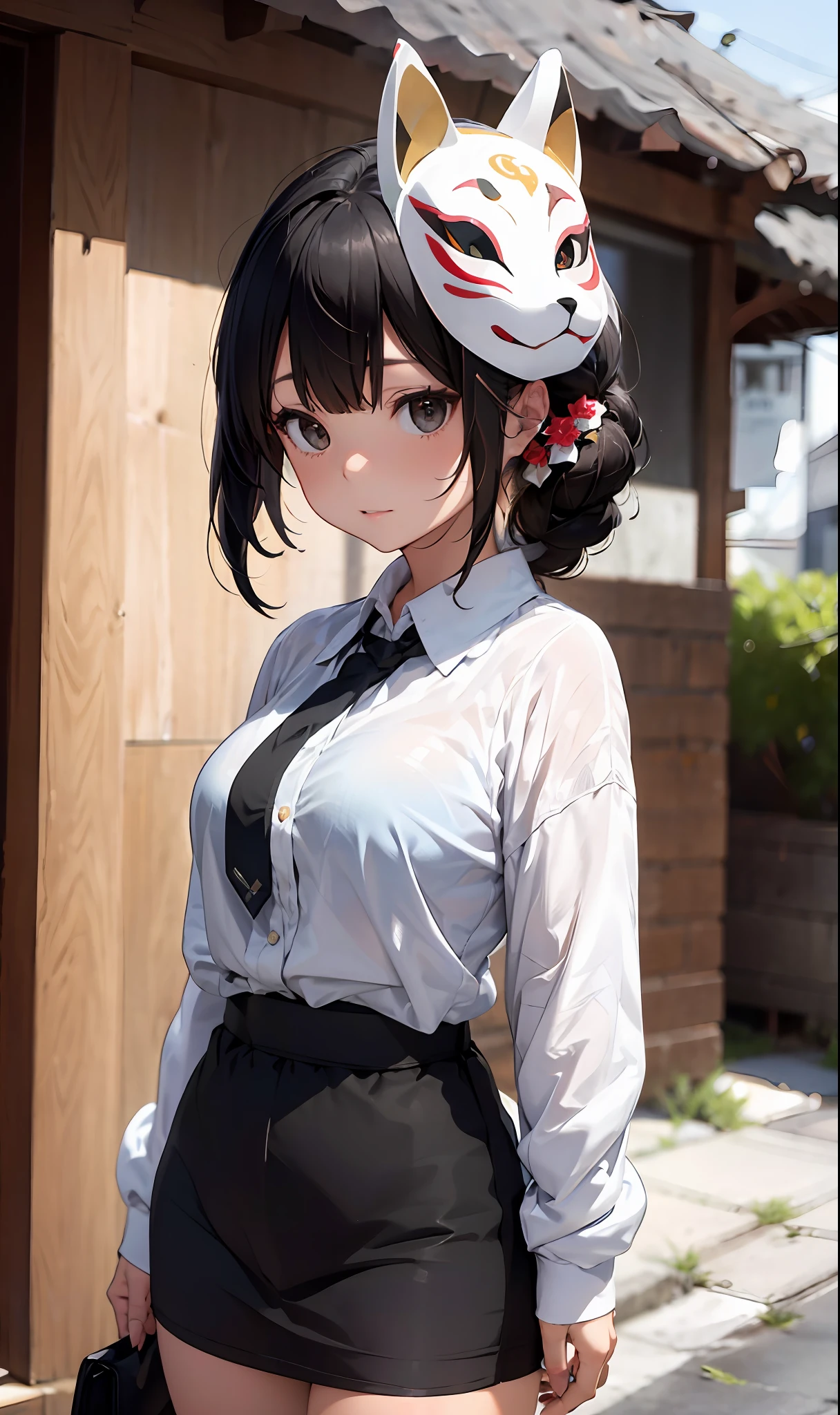 Fox mask Person wearing fox mask on face, black briefskirt, white shirt