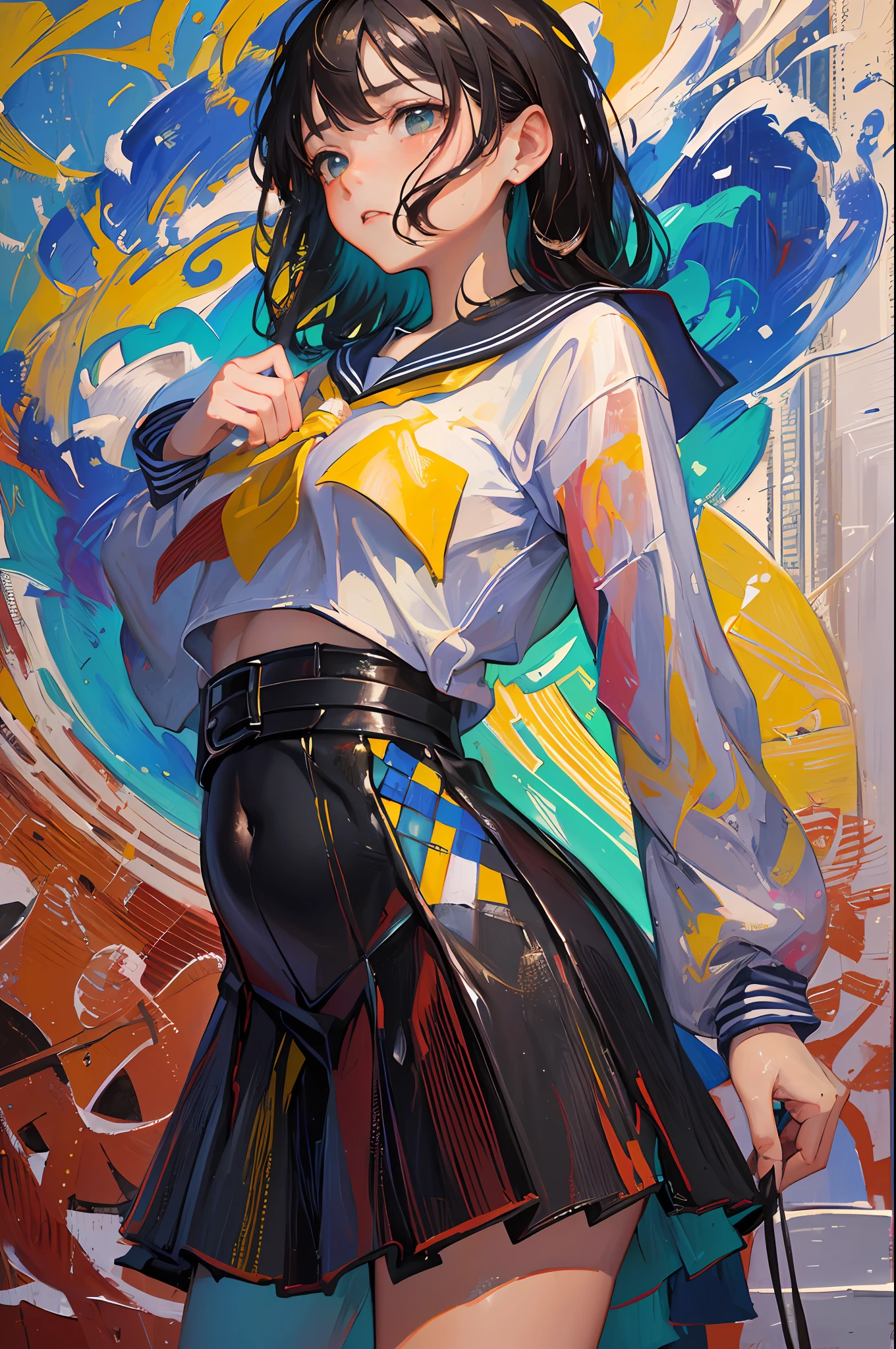 Sailor schoolgirl in a sailor suit is comparing her height with Himawari, who is back to back with her to see if she is taller. She is standing a little taller than Himawari and her belly is showing. She is a little taller than Himawari and looks frustrated. Many students can be seen playing in the illustration in the school courtyard. Van Gogh,oil paintings of portrait, Vivid contrasts,
(, textured oil painting, thick impasto, bold brushwork, rich colors, sculptural surface, expressive technique, tactile appeal:1.2),