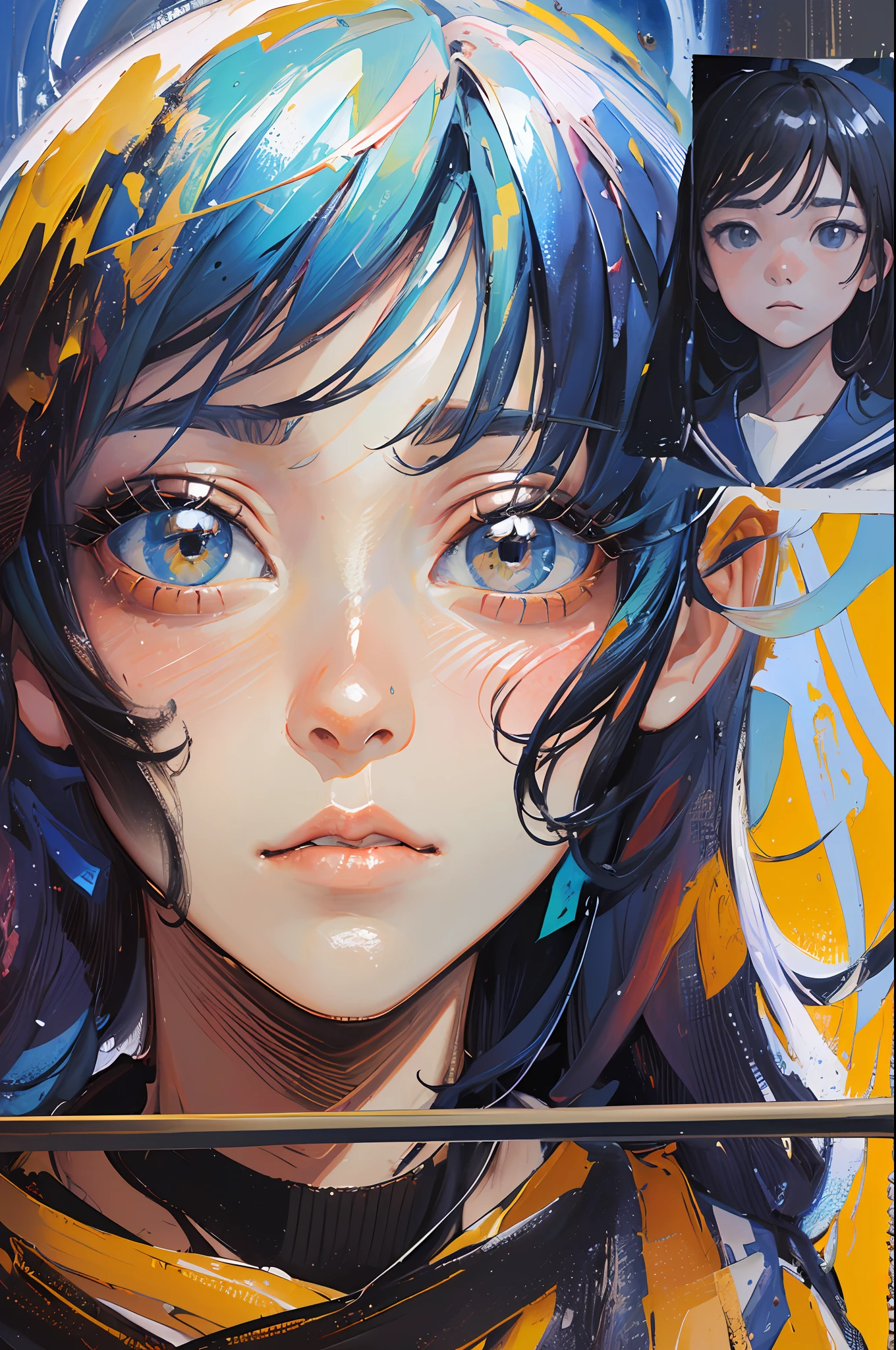 Sailor schoolgirl in a sailor suit is comparing her height with Himawari, who is back to back with her to see if she is taller. She is standing a little taller than Himawari and her belly is showing. She is a little taller than Himawari and looks frustrated. Many students can be seen playing in the illustration in the school courtyard. Van Gogh,oil paintings of portrait, Vivid contrasts,
(, textured oil painting, thick impasto, bold brushwork, rich colors, sculptural surface, expressive technique, tactile appeal:1.2),