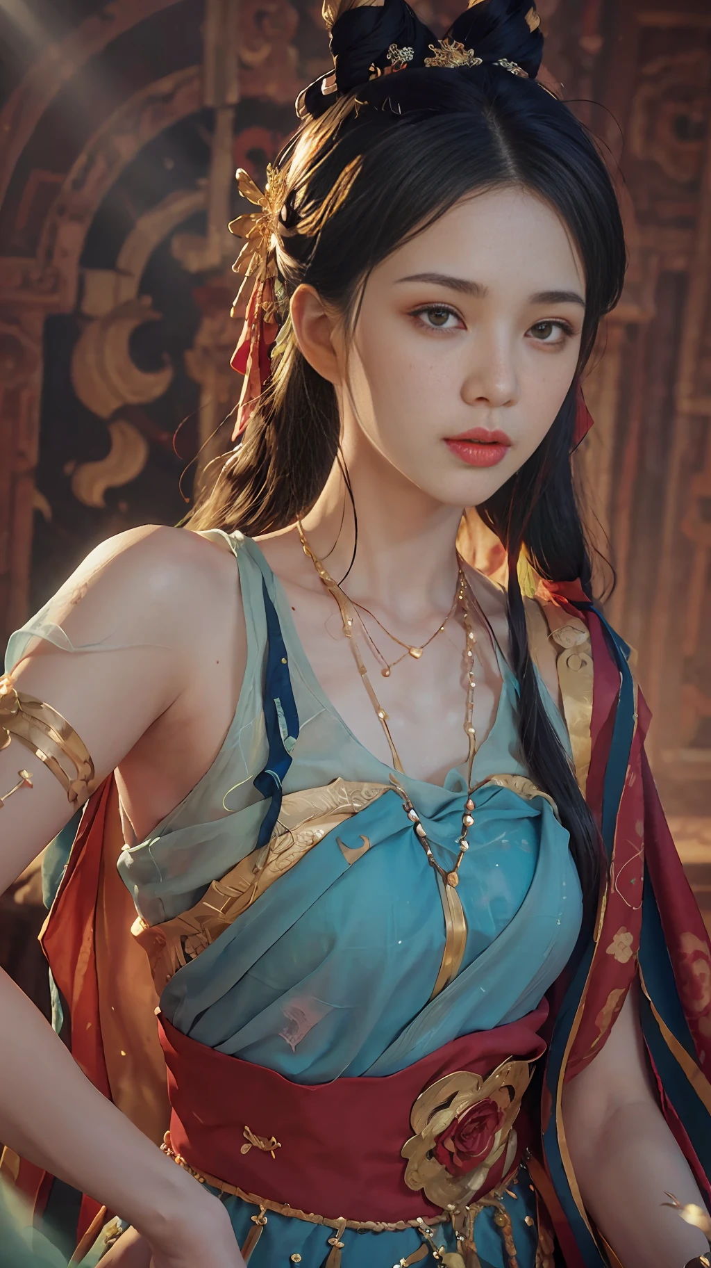 (RAW photo, best quality), (realistic, photo-realistic:1.3),best quality,highly detailed,masterpiece,ultra-detailed,illustration,1girl,upper_body,dynamic angle,world masterpiece theater,messy_long_hair,best quality,extremely detailed CG unity 8k wallpaper,ink,Amazing,cinematic lighting,lens_flare, dunhuang_style