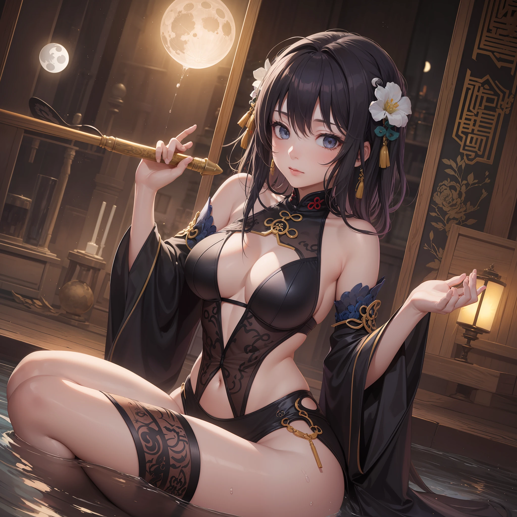 Meditate,Sexy young female Taoist,waterface,realisticlying,taichi,yin yang,the night,moonlight,eye closeds,blackstockings,A high resolution,realisticlying,Ultra-clear picture quality,8k,