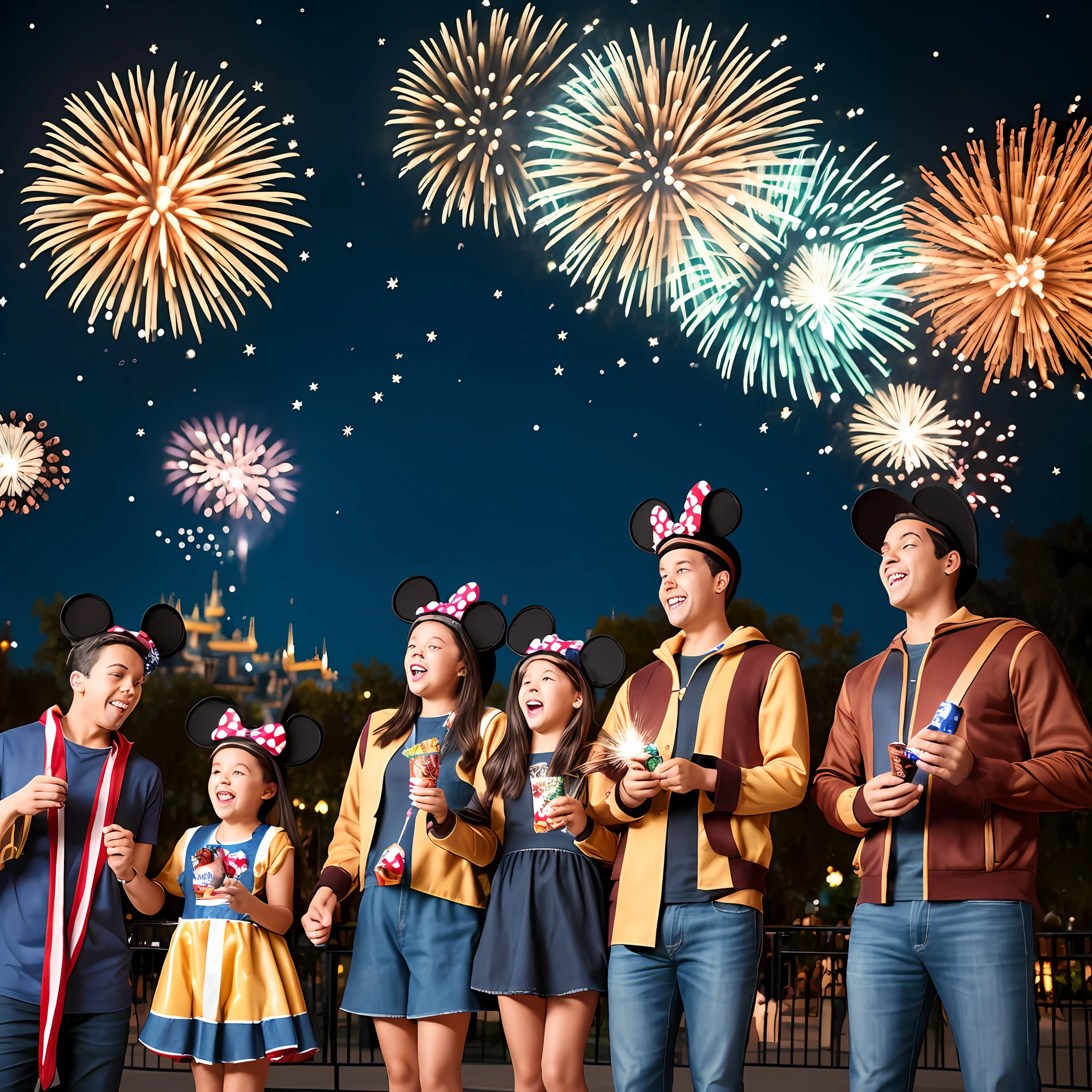 3 people wearing parent-child costumes watch fireworks at Disneyland --auto