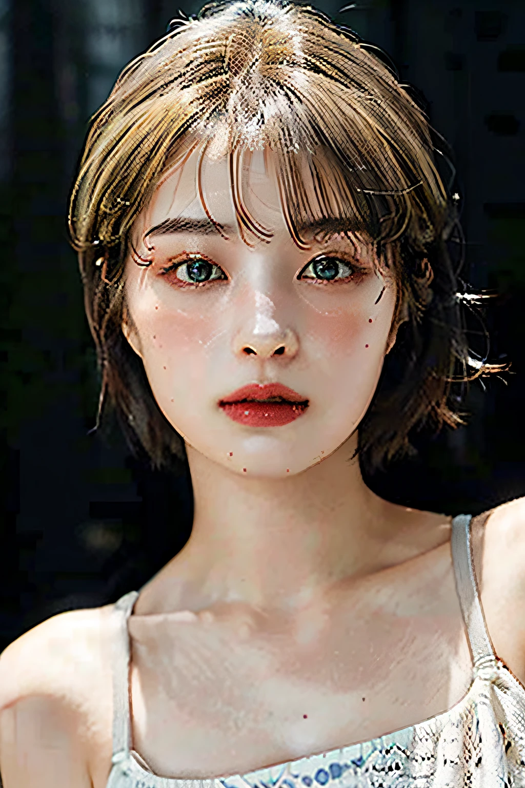 ((best quality)), ((ultra res)), ((photorealistic), (intricate details), 19 years old, blonde, perfect face shape, makeup:1.5, face light, facial detail, naked, short hair,