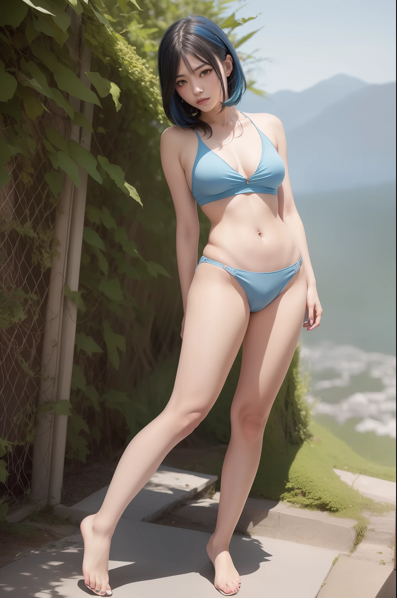 Ultra-high definition 2D art, close-up (1 woman), light blue hair, 2D animation style, soft and delicate depiction, attention also on her full-body tattoos (full-body art), landscape mode, masterpieces by Guweiz and James Jean, tattoo expert designs by CGSCOSITY, etc. A beautiful blue-haired girl who became a hot topic at the trend art station of Japan.