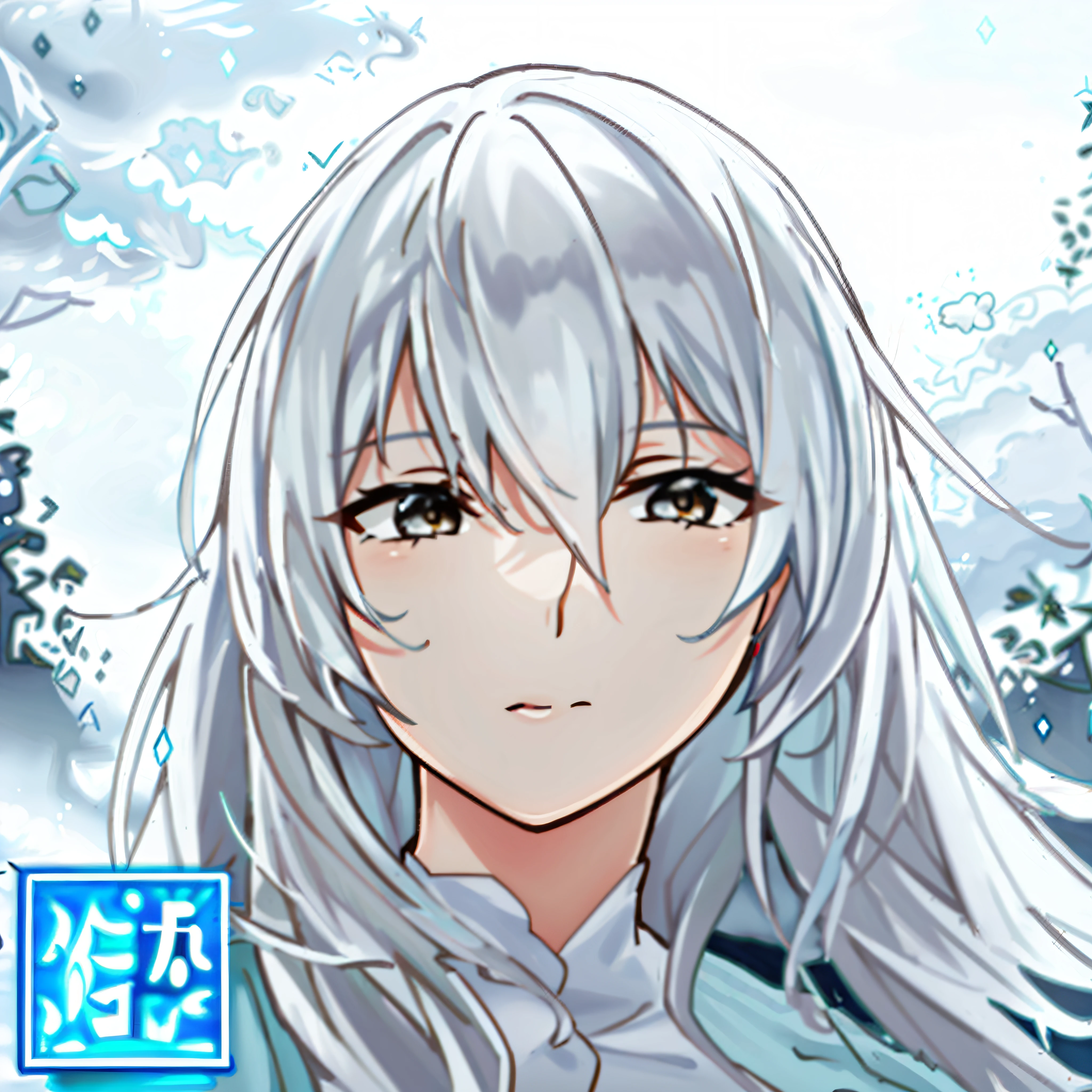 Under the snow，A woman with white hair and white eyes is in Huaifu。She is a gray-haired god，Pale hair，Handsome。She has silvery-white hair，Stunning like a girl。Inspired by the style of Yumeji Takehisa，Create the perfect girl with white hair。