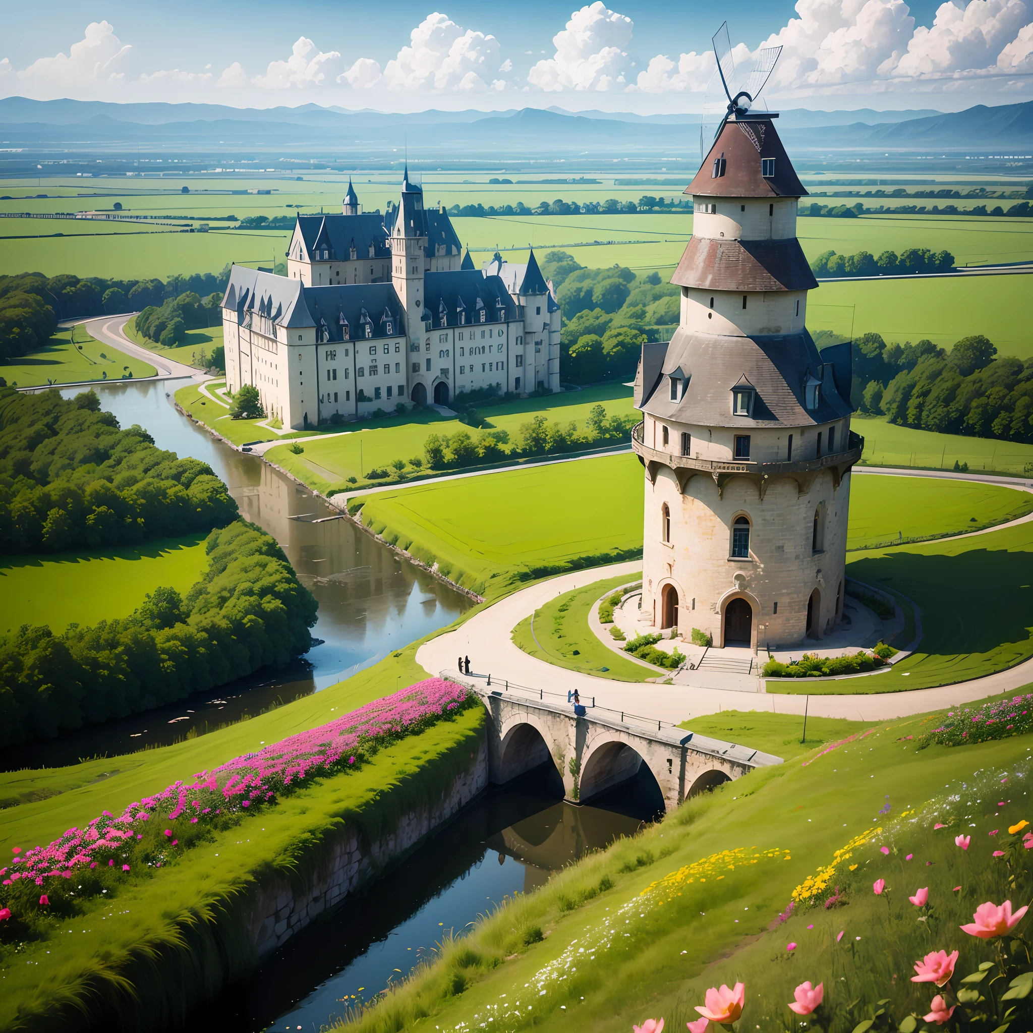 The field is full of flowers,A group of little angel girls playing,There are many white clouds,There is a castle,And the creek,As well as windmills --auto