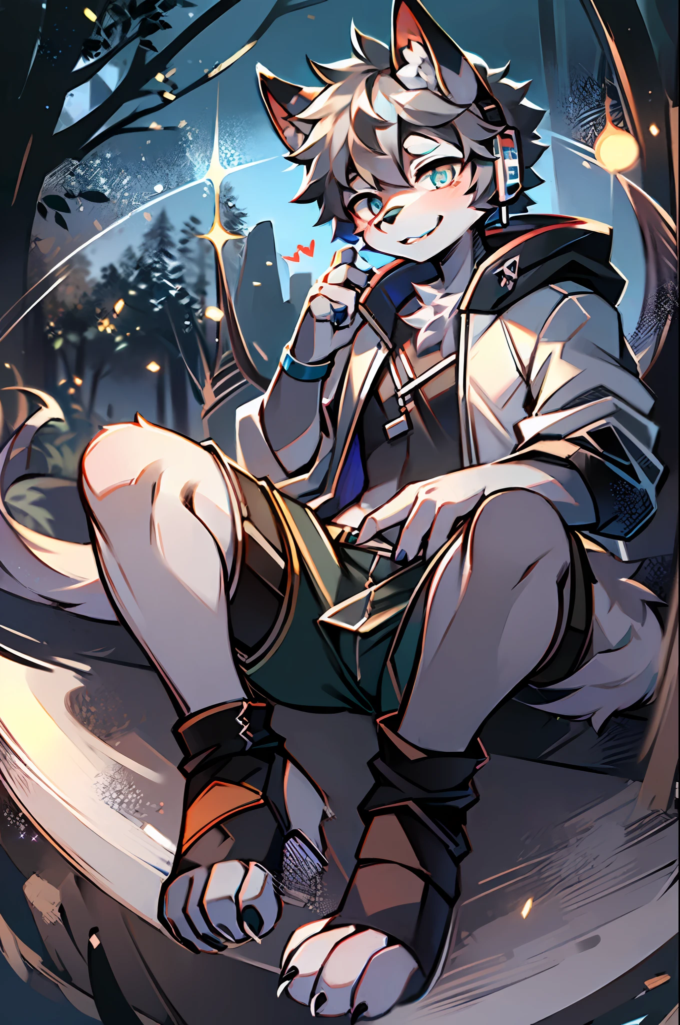 lewd eyes, in a panoramic view，Character focus，Full body like，独奏,solo person， Correct human anatomy。male people，Furry male wolf（Dragon and wolf combined），eyes blue，Red-black skin，A pair of dragon wings, Gray hair(The long），Wear white ear headphones，There is a pair on the forehead（Little big breasts柄）Blue horn fluorescence，In the forest，the night，starrysky，On a cliff，Take control of the magic，Ice floating all around，White down jacket，grey shorts，Sports socks，Looking at the night sky，ssmile，DOA，Young style，height of one meter seven，Handsome， There is a wolf tail，k hd，8K，1440*2048