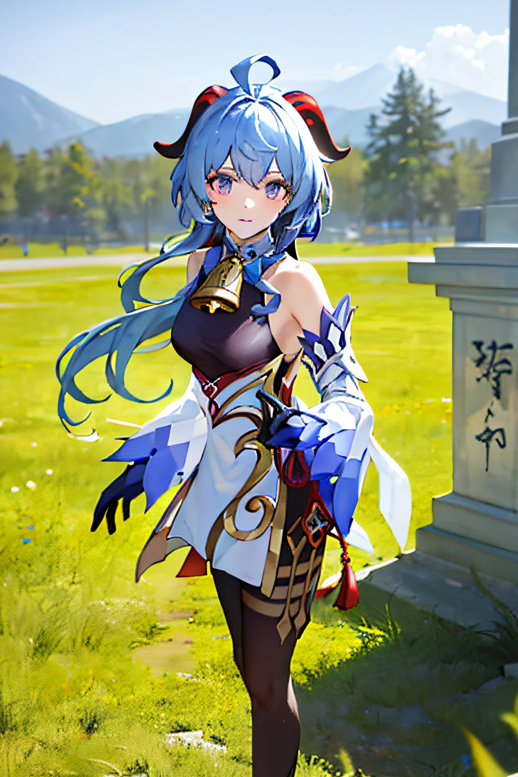 (Photorealistic:1.4), (Masterpiece, side-lighting, fine detailed beautiful eyes: 1.2), Masterpiece*Portrait, Realistic, 3D face, Ganyu \(Genshin Impact\), 1girll, ahoge, architecture, By bangs,Bare shoulders,bell,black glove,Black tights,(blue hair),Blushlush,Beautiful breasts,Chinese knot,the sleeve,flower knot,mitts,cow horn,long whitr hair,Look at the audience,middlebreast,Neckbells,are standing,outside,grassy fields,arma,bow and arrows