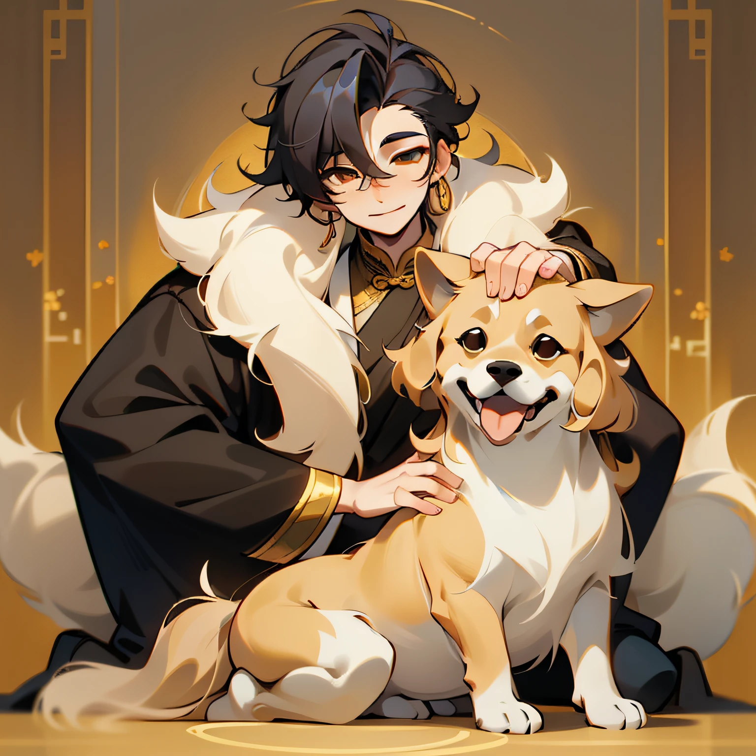 Oriental male holding a golden dog in his arms, The big golden dog beside him, Chinese man, Mature young Chinese, Gorgeous young chinese man big dog, Golden Retriever, Young Asian man, asian man, Cute dog,Golden fluffy fur,English dog,Asian male,pet animal,Asian male,happy facial expression