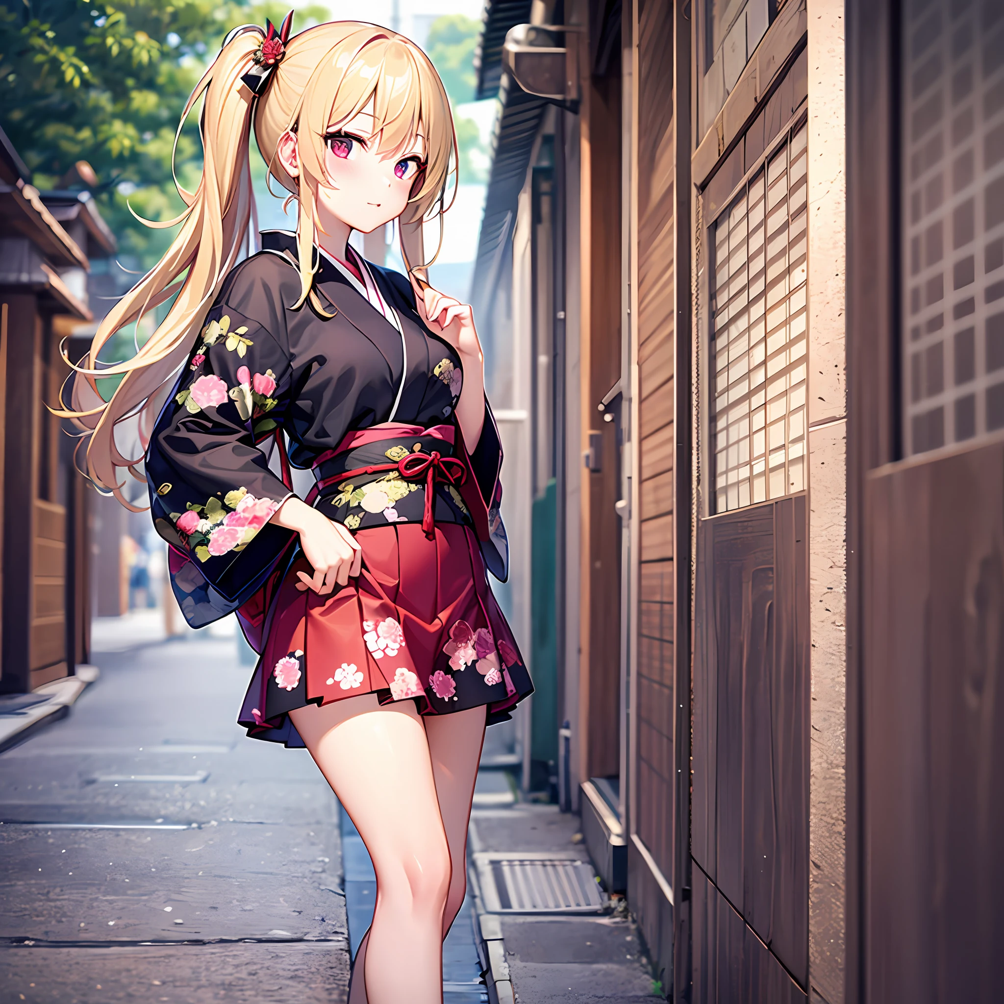 One blonde girl、red eyes、Kimono、a miniskirt
