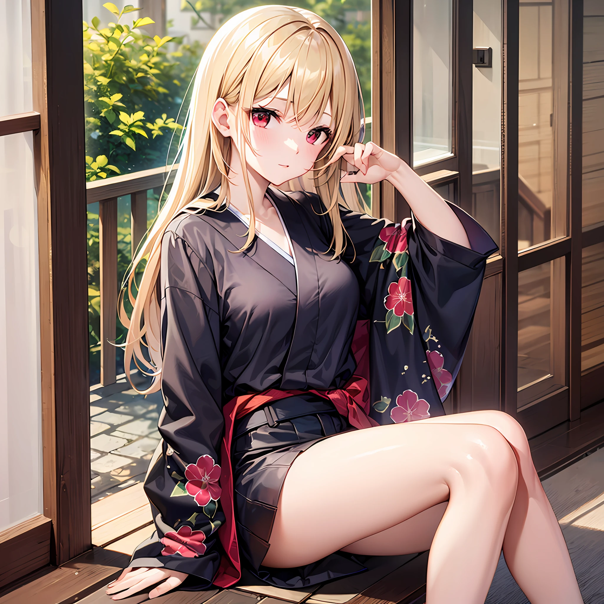 One blonde girl、red eyes、Kimono、a miniskirt