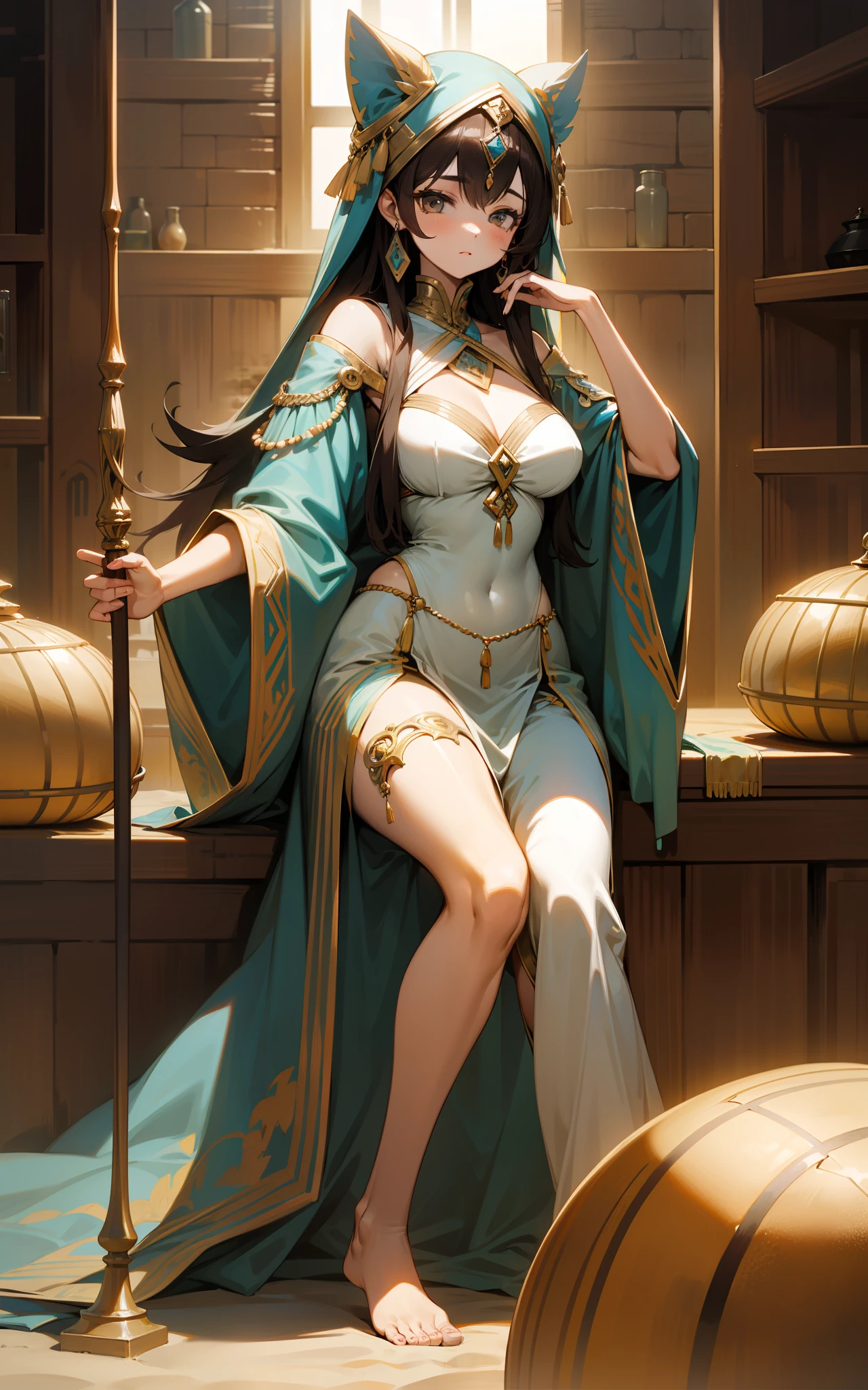 top-quality、hight resolution、detaileds, Desert People、Beautiful girl in robes、Inside the desert dwelling、de pele branca、Fantasy World、slender body、