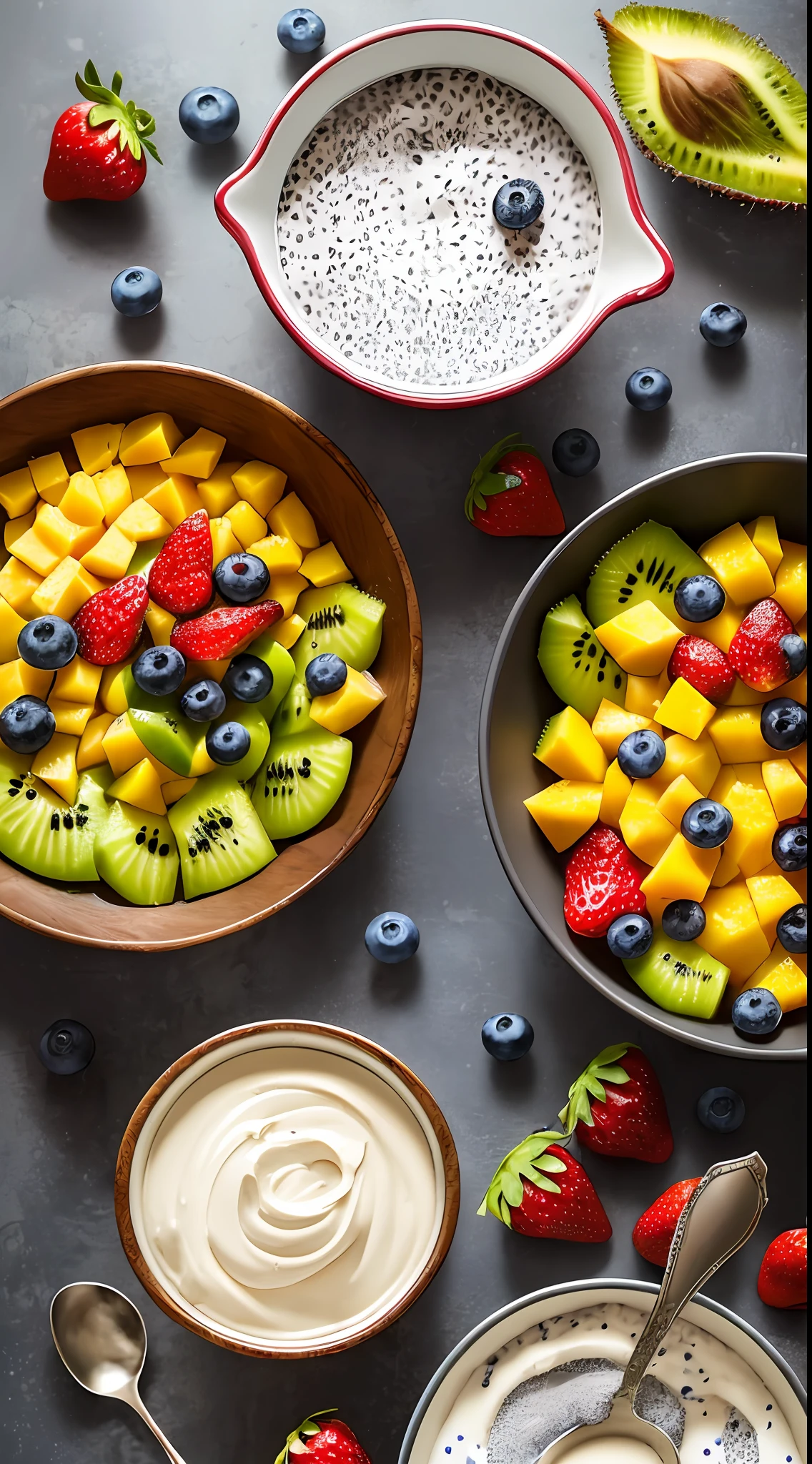 , crystals, with floral print, 2 tablespoons chia seeds 1 cup milk (can be cow's milk, vegetable milk or yogurt) 1 teaspoon vanilla extract of your choice (optional) Chopped fresh fruits (For example, strawberries, kiwi, mango, blueberries, etc.) for topping --auto --s2