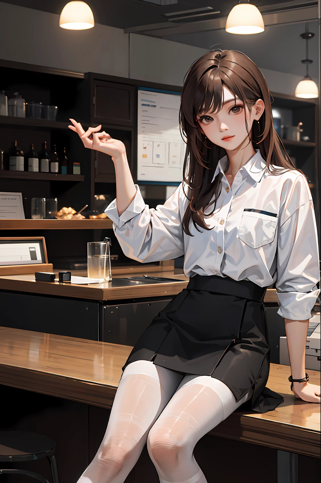 (tmasterpiece:1.2, need), (real shot, intricately sculpted), 独奏, 1lady， Brown-haired，long haired， Korea，Business Suite，White shirt on the upper body+Black hip-tight skirt at the bottom，Black pantyhose，feet focus，without wearing shoes