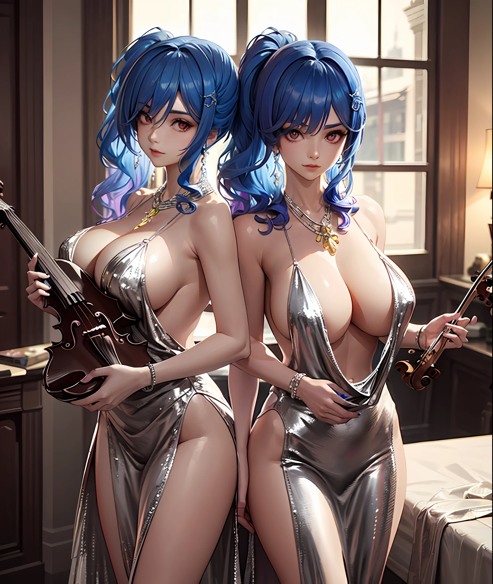 Close-up of two goddesses with big breasts holding violins and bows, (fantasy violin), Ayaka Genshin impact, Detailed key anime art, Official artwork, tsuaii, A scene from the《azur lane》videogame, high detailed official artwork, Rem Rezero, fantasy violin, offcial art, nightcore, Splash art anime , Blue-haired god，Beautiful and moving，Realistic1.4，huge tit