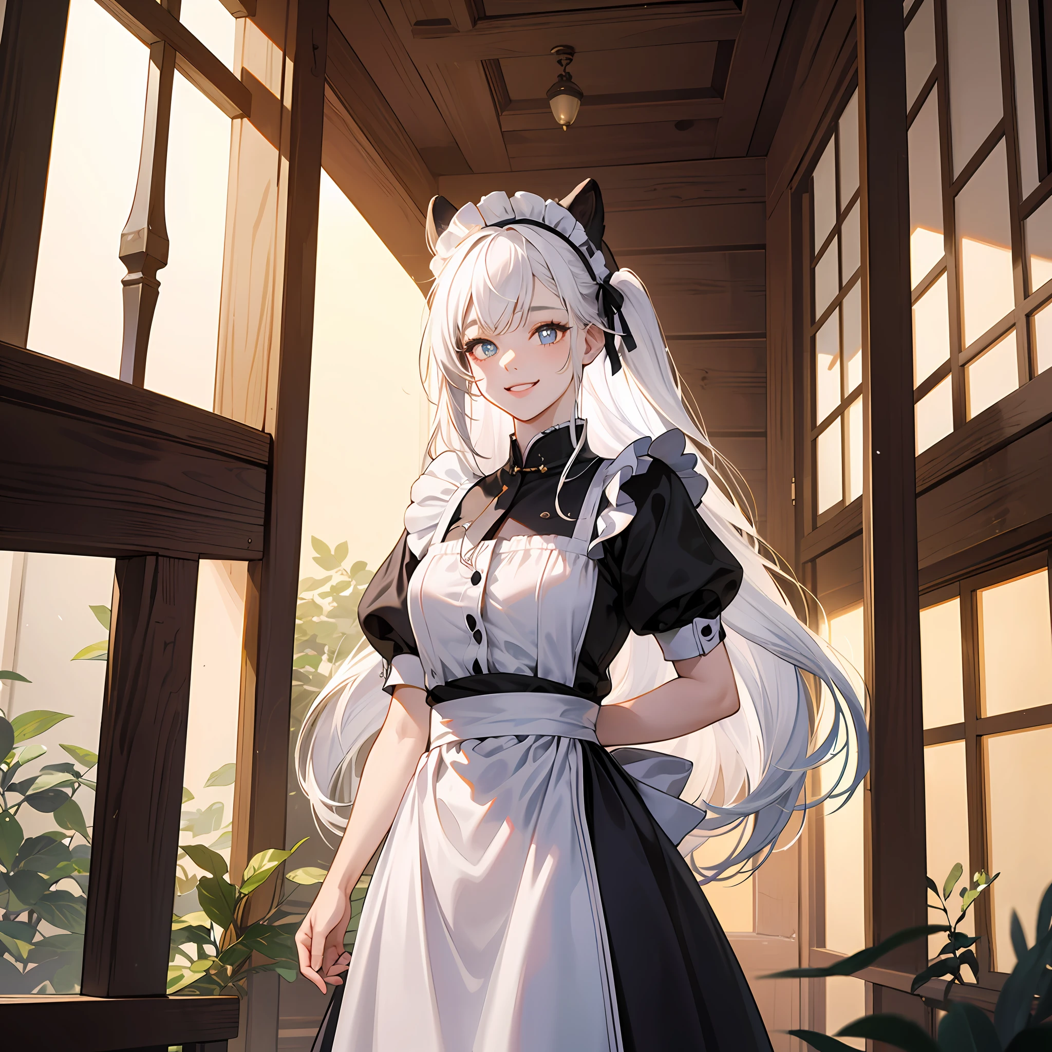 asiagirl，White hair, maid headdress, mismatched pupils, Fake animal ears, Smile, surrealism, High detail, Ray tracing, god light, out of frame, three sided view, From the outside, Overexposure, 8K, Super detail, Masterpiece --auto
