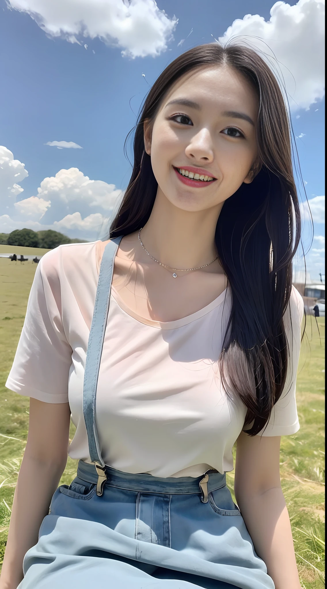 A beautiful and cute girl, full body photo, extremely beautiful and delicate, black hair, sweet smile, delicate beautiful fair skin, realistic and realistic, exquisite and complete facial features, detailed facial portrayal, high nose bridge, flowing smooth hair, extremely delicate hair, soft temperament, face light, tall, thin, real, hyper-real, full-body lens, forward tilt angle, ultimate picture quality, highest precision, accurate and perfect human body structure. Blue sky and white clouds, sitting on the grassland, blue sky and white clouds, sunlight, cows and sheep, (suspenders, long skirts) panties are clearly visible