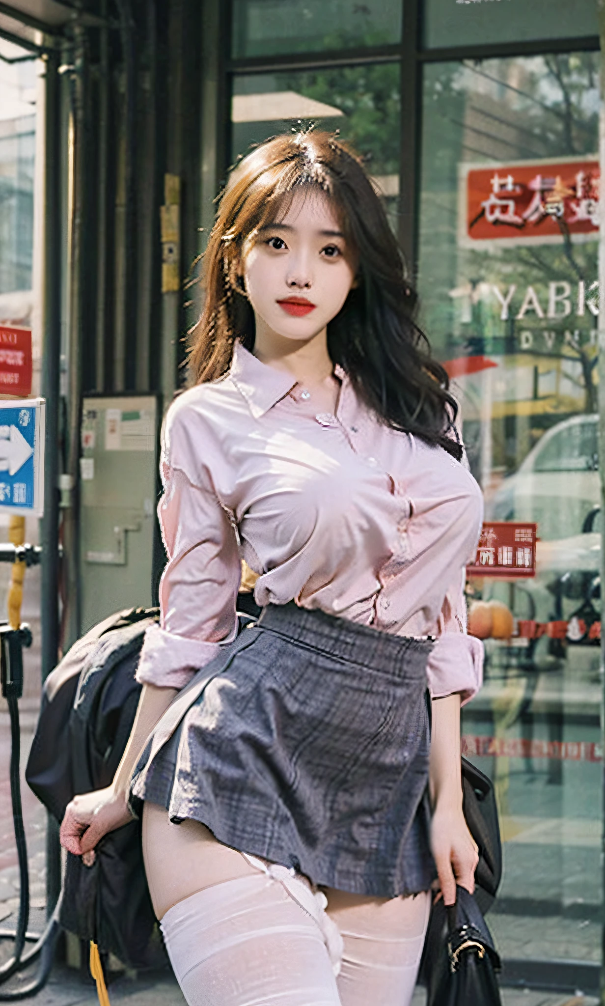 ulzang-6500-v1.1,(OriginalPhoto:1.2), (Photorealistic:1.4), beautiful detailed girl, Very detailed eyes and face, Beautiful detailed eyes, absurderes, incredible absurdity, hugefilesize, hyper detailled, A high resolution, abundantly detailed,Best Quority,a masterpiece of,,illustratio,abundantly detailed,CG,unified,8k 壁纸,Amazing,finely detailled,a masterpiece of,Best Quority,greatly detailed的 CG unified 8k wallpapers,light in face,cinmatic lighting, 1girl huge large breasts, 16 years old,Long white hair,lateral division,(large tities),((No panties)),(wears glasses),(((dynamicpose))),(((sexyposture))),(Half-body),((White pantyhose)),(((Apricot skirt wrapped around hips))),White colored shirt