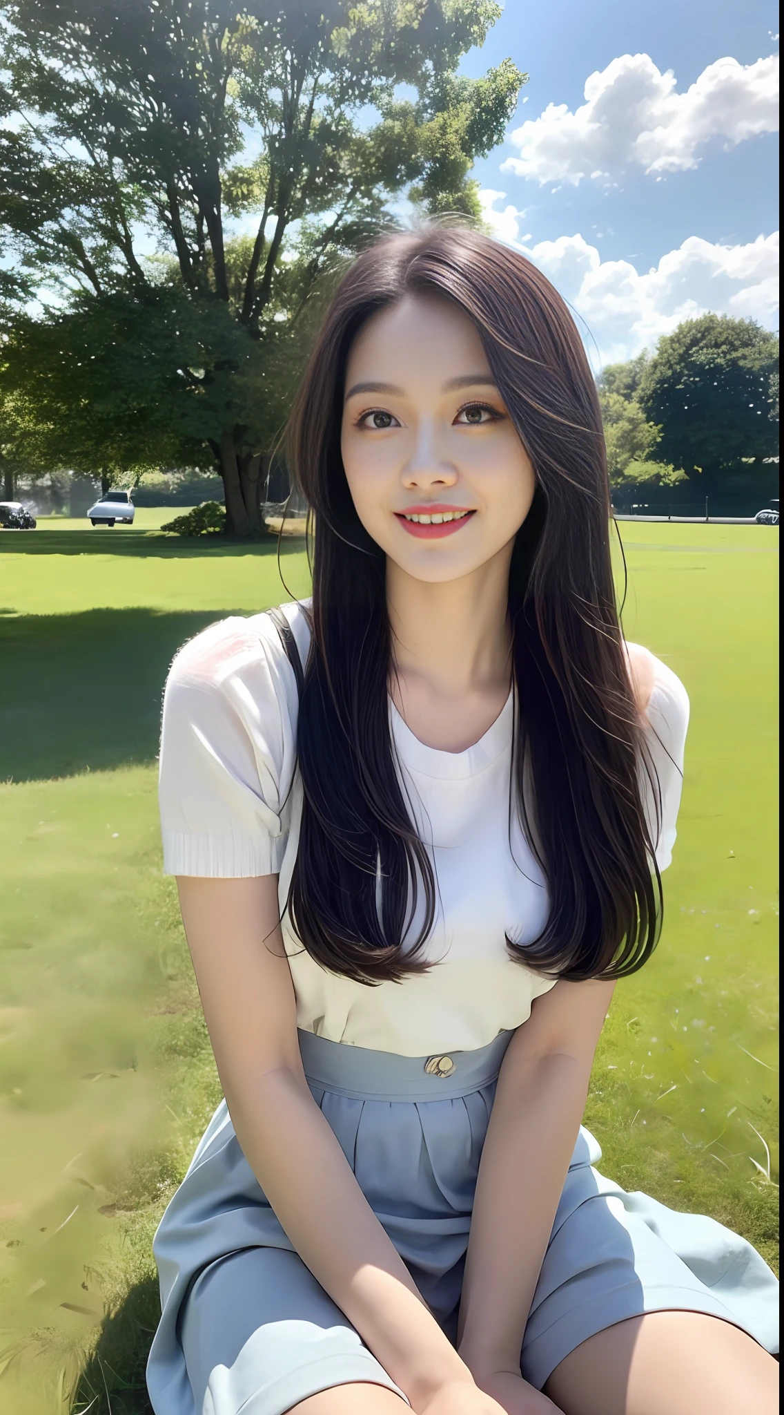 A beautiful and cute girl, full body photo, extremely beautiful and delicate, black hair, sweet smile, delicate beautiful fair skin, realistic and realistic, exquisite and complete facial features, detailed facial portrayal, high nose bridge, flowing smooth hair, extremely delicate hair, soft temperament, face light, tall, thin, real, hyper-real, full-body lens, forward tilt angle, ultimate picture quality, highest precision, accurate and perfect human body structure. Blue sky and white clouds, sitting on the grassland, blue sky and white clouds, sunlight, cows and sheep, (suspenders, long skirts) panties are clearly visible