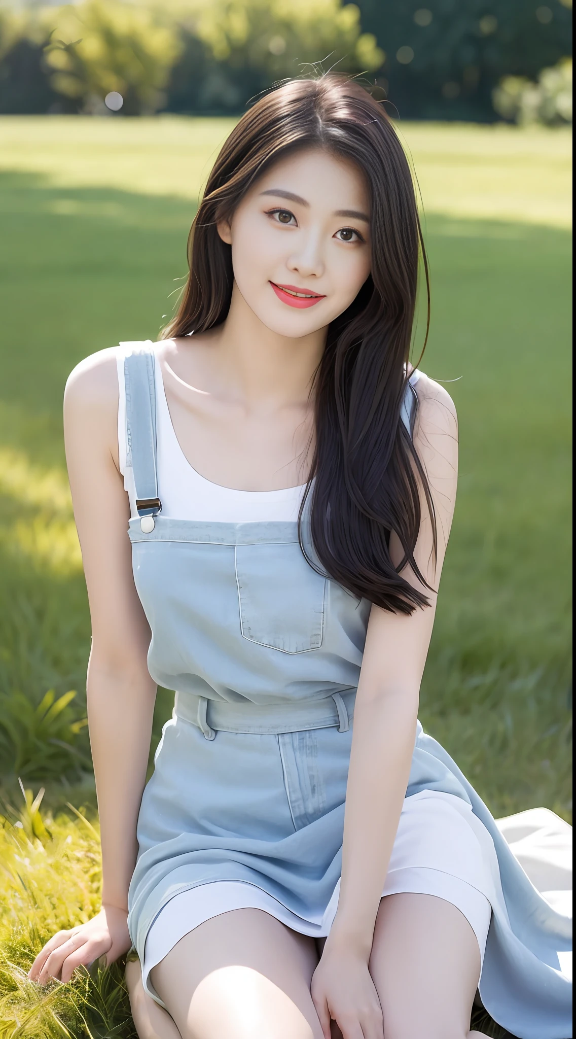 A beautiful and cute girl, full body photo, extremely beautiful and delicate, black hair, sweet smile, delicate beautiful fair skin, realistic and realistic, exquisite and complete facial features, detailed facial portrayal, high nose bridge, flowing smooth hair, extremely delicate hair, soft temperament, face light, tall, thin, real, hyper-real, full-body lens, forward tilt angle, ultimate picture quality, highest precision, accurate and perfect human body structure. Blue sky and white clouds, sitting on the grassland, blue sky and white clouds, sunlight, cows and sheep, (suspenders, long skirts) panties are clearly visible