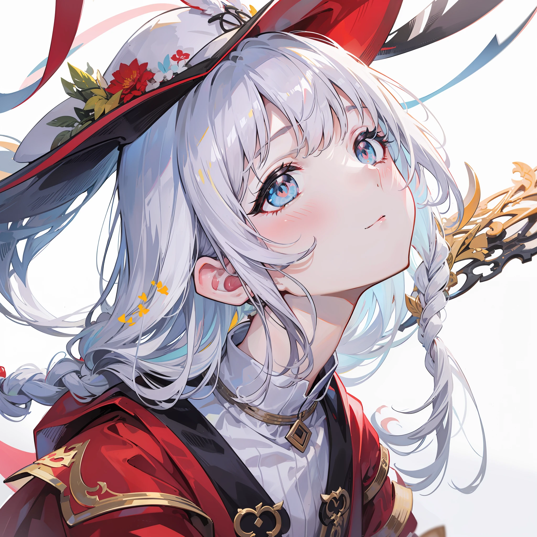 (Hyper-realistic) , (illustratio), (Increase the resolution), (8K), (extremely detaile), (Most Best Illustration), (美丽细致的眼睛), (best qualtiy), (ultra - detailed), (tmasterpiece), ( the wallpaper), (详细的脸), ,adolable,Single horsetail,white skinned,long braid,Heterochromatic pupil,Look up,full bodyesbian