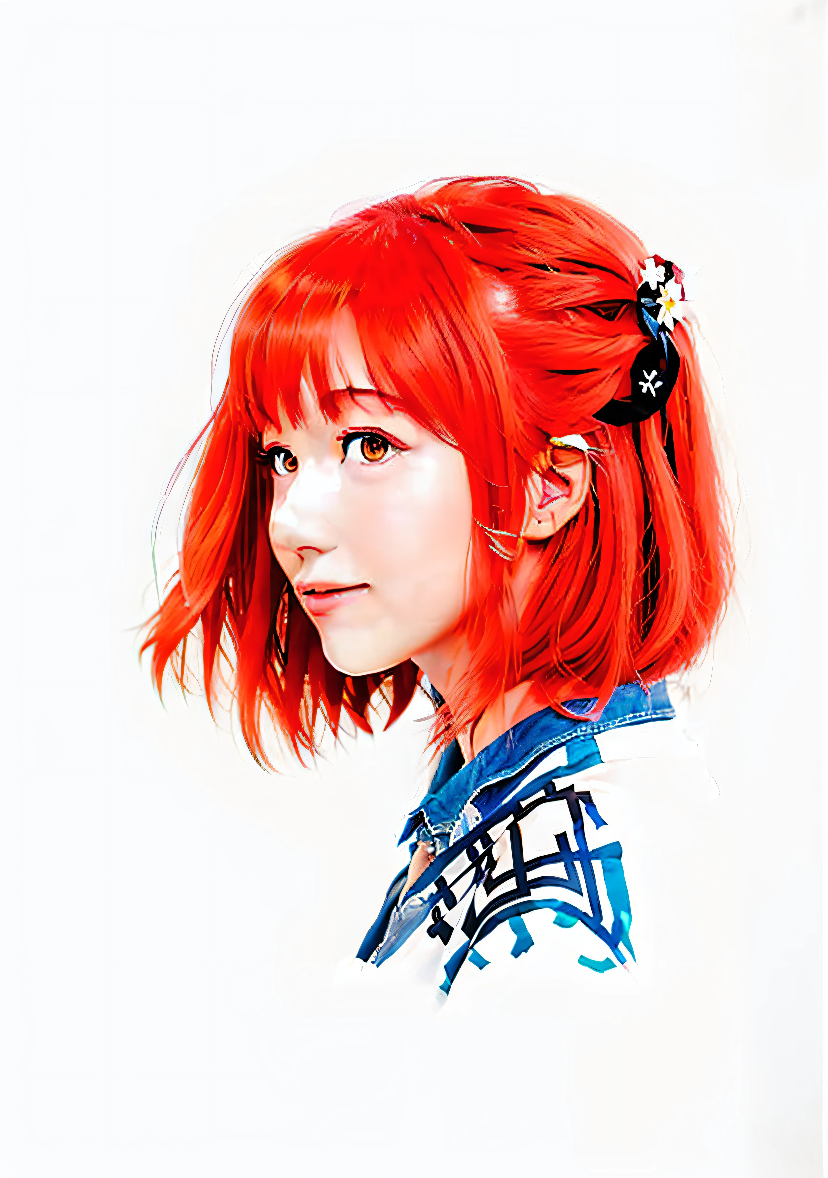 Caricature of a woman with red hair and a blue shirt, Red-haired woman, Red-haired girl, Red-haired young woman, a woman's profile, with curly red hair, A young woman with red hair, Red-haired girl, Women's profiles, side portrait of a girl, With red hair, portrait of a red haired girl, profile pose, anime girl profile