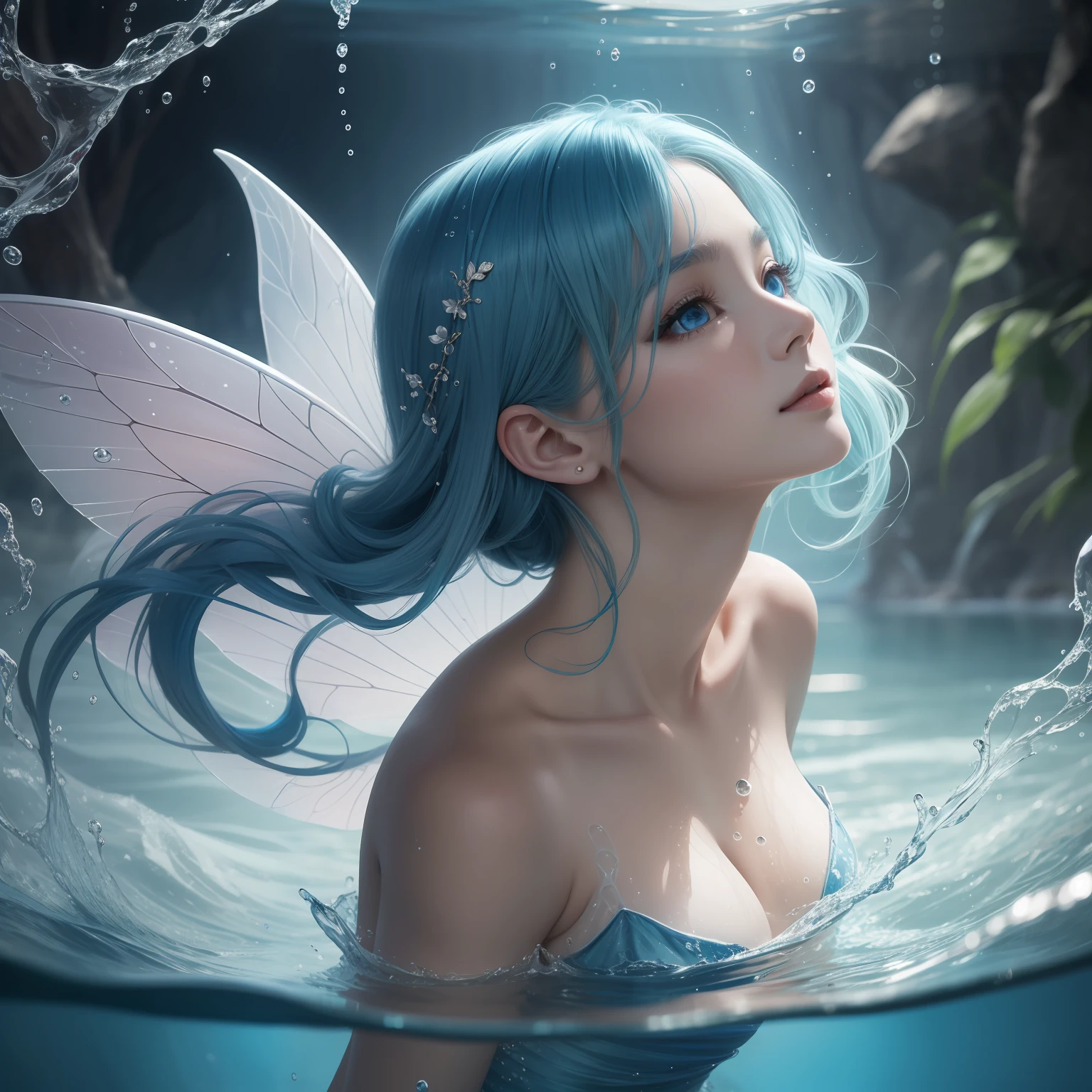 (masterpiece)8K分辨率、top-quality、Water fairy looking up at the surface of the water、Blue hair、Light blue eyes、Hazel eyes、Delicate body、fantasy-inspired