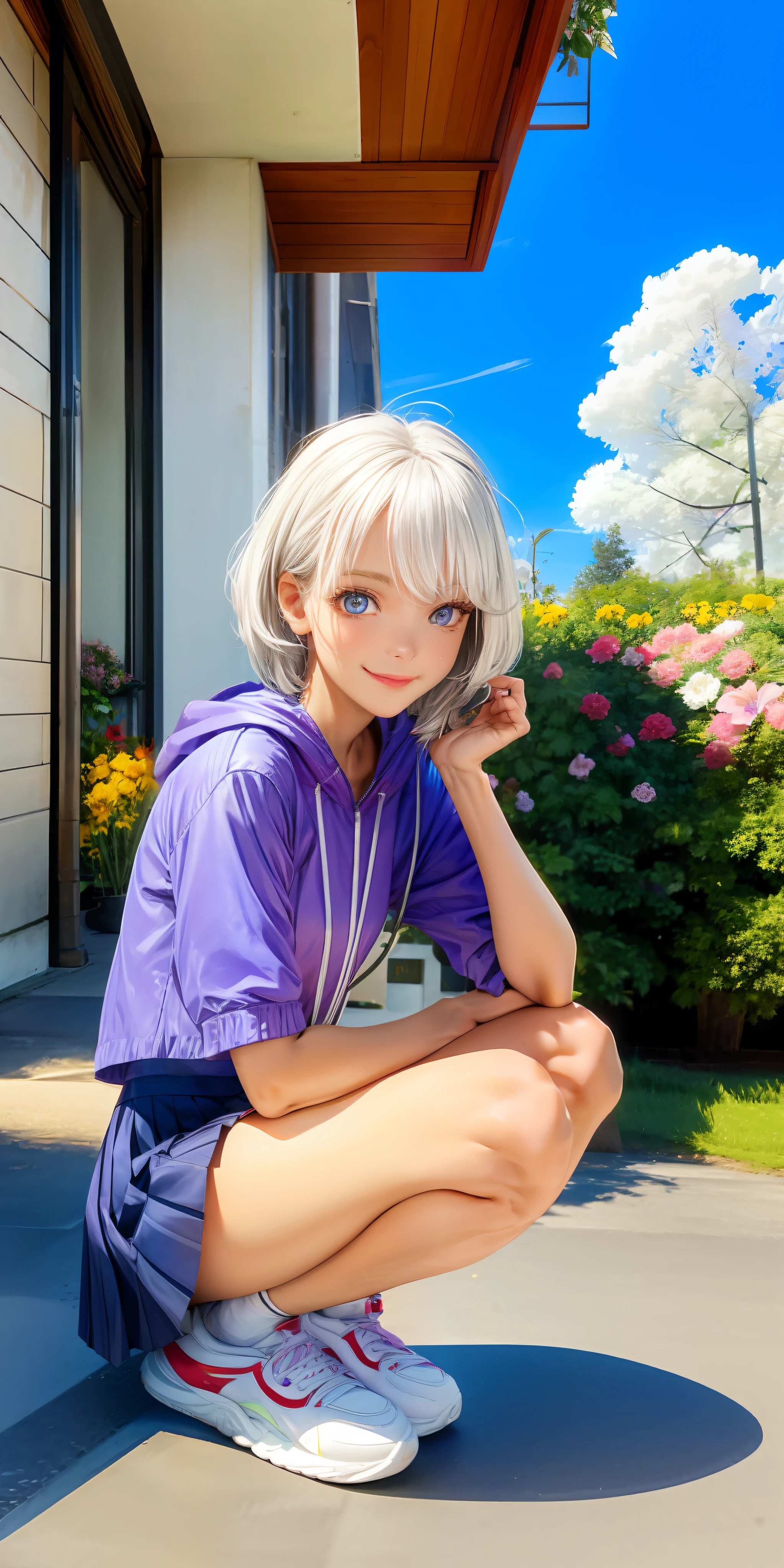 realisticlying,1girll,White hair,Purple eye,glowing light eyes,Cut the top,a skirt,parted lip,Be red in the face,the night,fresh flowers,suns,rays of sunshine,Open squats,Detail depicts the body,Symphony sneakers,gentle grin,Holding flowers in one hand,parks