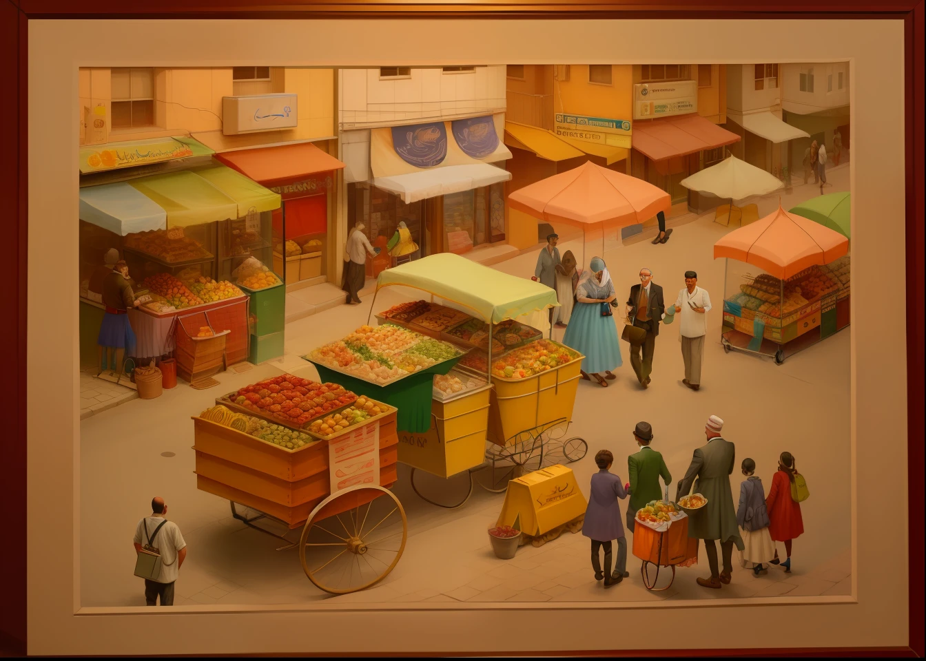 painting of a street scene with a cart of food and people, by Edward Ben Avram, by Isidor Kaufman, by Edmond Aman-Jean, by Taravat Jalali Farahani, by Sohrab Sepehri, by Israel Tsvaygenbaum, by Gyula Benczur, by Chafik Charobim