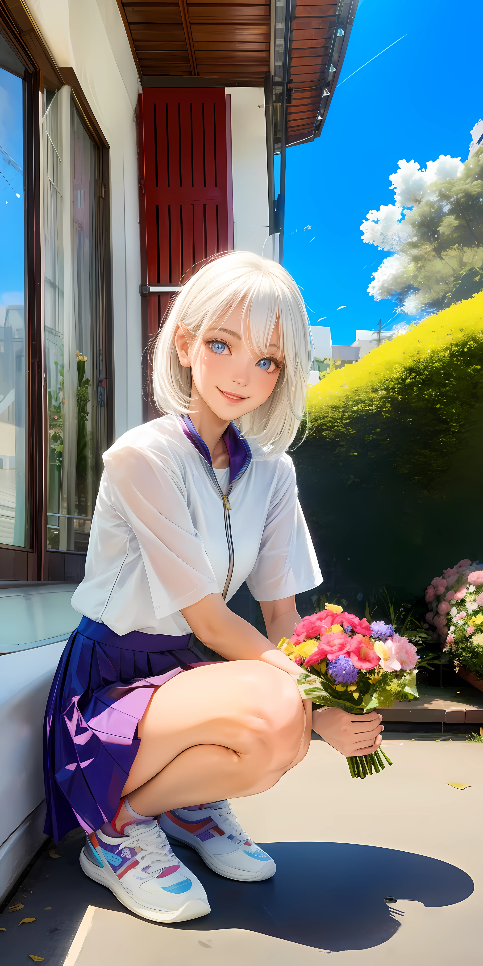 realisticlying,1girll,White hair,Purple eye,glowing light eyes,Cut the top,a skirt,parted lip,Be red in the face,the night,fresh flowers,suns,rays of sunshine,Open squats,Detail depicts the body,Symphony sneakers,gentle grin,Holding flowers in one hand,parks