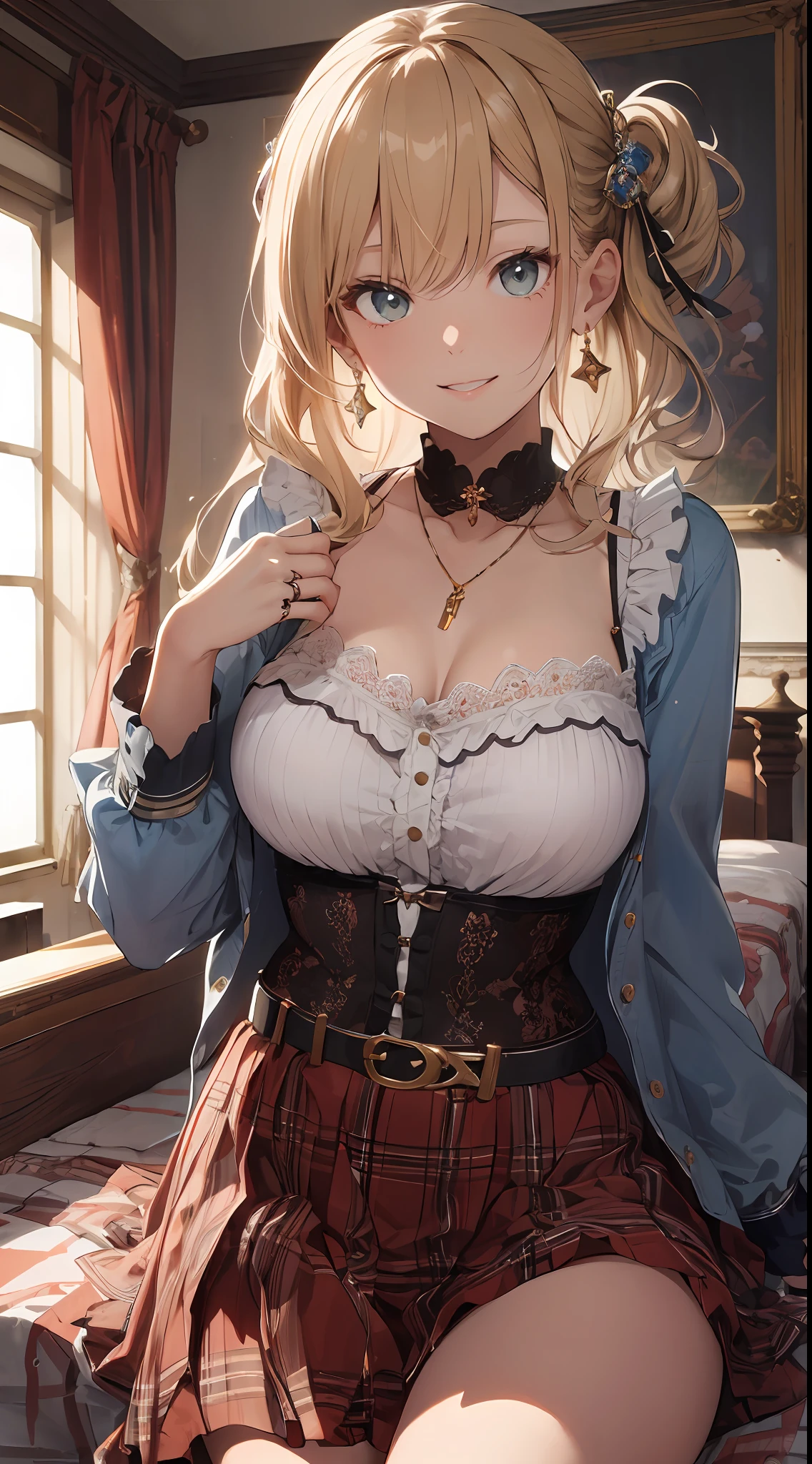 ((masterpiece best quality:1.4)), ((masutepiece, Best Quality)), (The 8k quality), (Detailed background:1.3), (Detailed face:1.3), (The cutest teenage idols:1.5),Beautiful portrait、Delicate body,Showwort、frilled blouse,Long Check Skirt,exposed breast、Flipped skirt、Exposed sexy underwear、garterbelts、Vintage, Long Blonde Hair,Cinematic Light,Little smile,tilt the neck、Lying in a luxurious bed、Sunlight、Rainbow glow, Beautiful Glow,Luxurious earrings, Luxurious necklace,Luxurious rings、Shy smile、red blush、