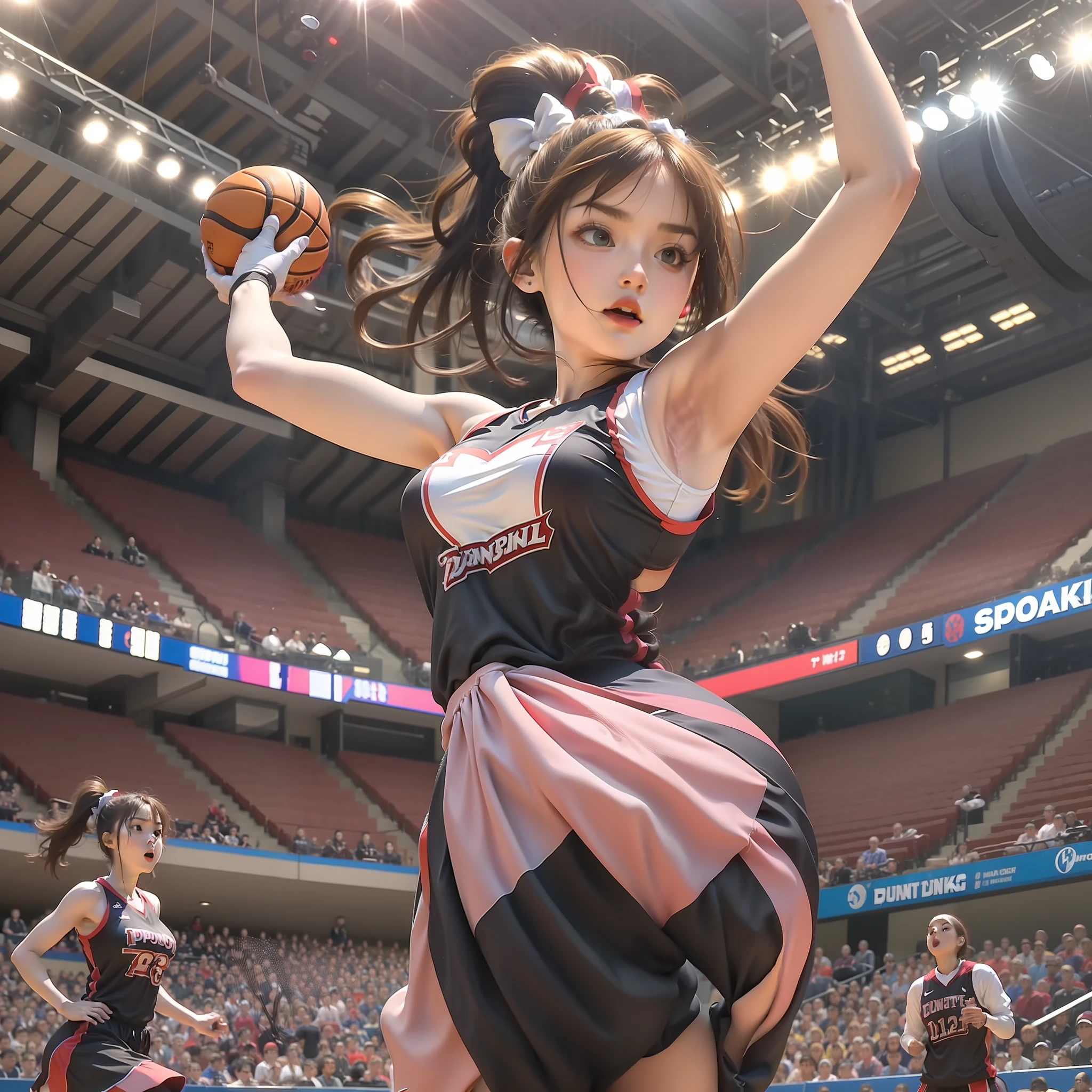 (Sports girl:1.2),(basketball ball:1),(dunking:1.5),(cheer:1.1),(sports arena:1.3),The background is blurred out