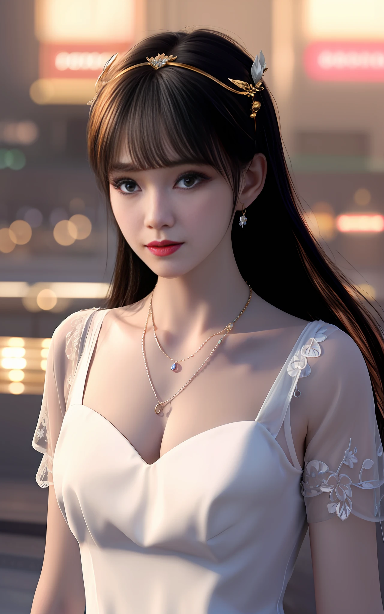 best quality, masterpiece, high resolution, 1 girl, porcelain dress, hair accessory, necklace, jewelry, beautiful face, upon_body, tyndall effect, realistic, dark studio, edge lighting, duotone lighting, (high detail skin:1.2), 8k ultra hd, DSLR, soft lighting, high quality, volumetric lighting, frank, photos, high resolution, 4k, 8k, bokeh, .gold style, architecture