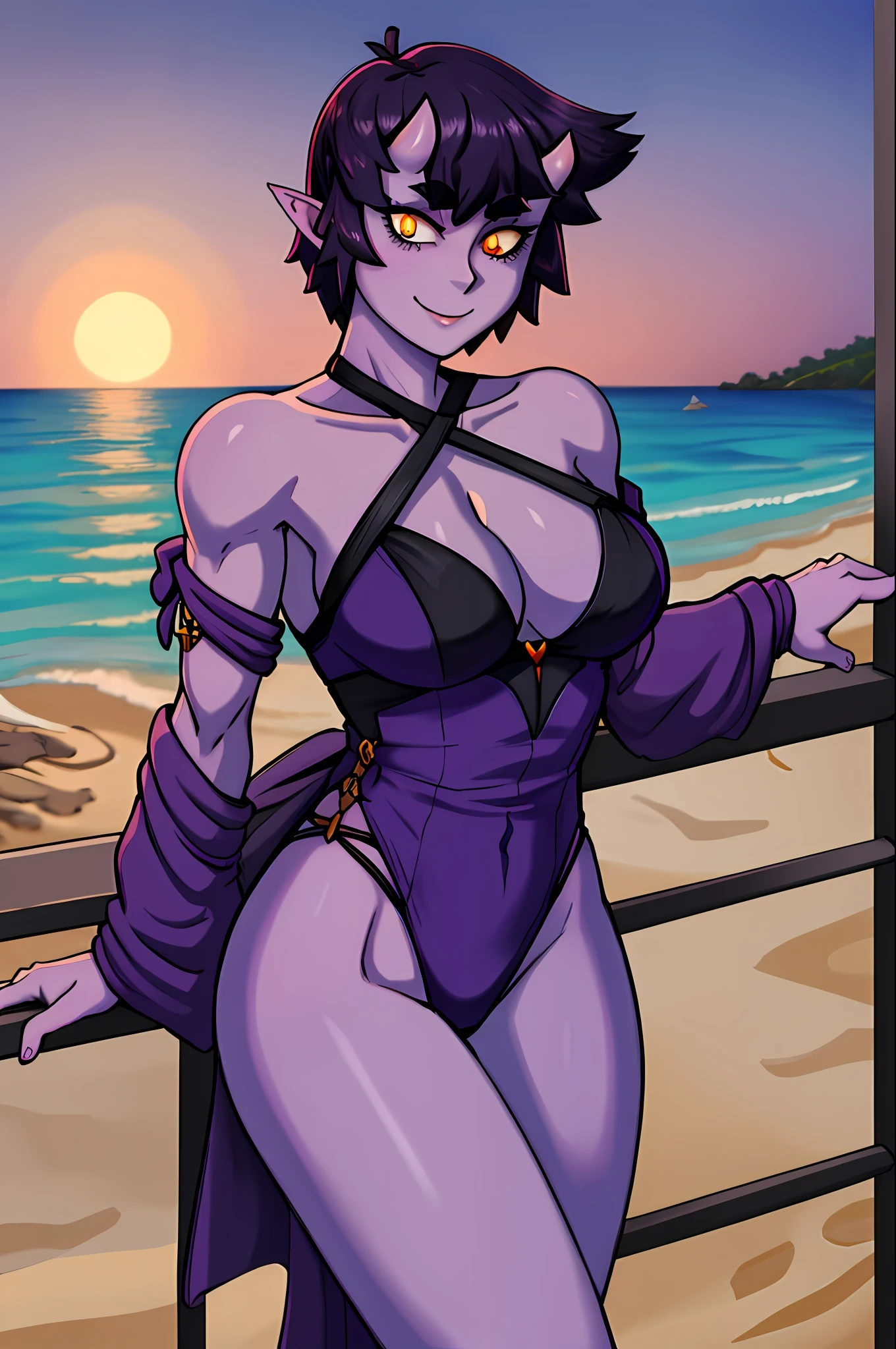 (masterpiece, best quality, absurdres), Ume, oni, slit pupils, cowboy shot, glowing eyes, breasts, cleavage, purple skin, seductive smile, against railing, purple dress, criss-cross halter, muscular, beach