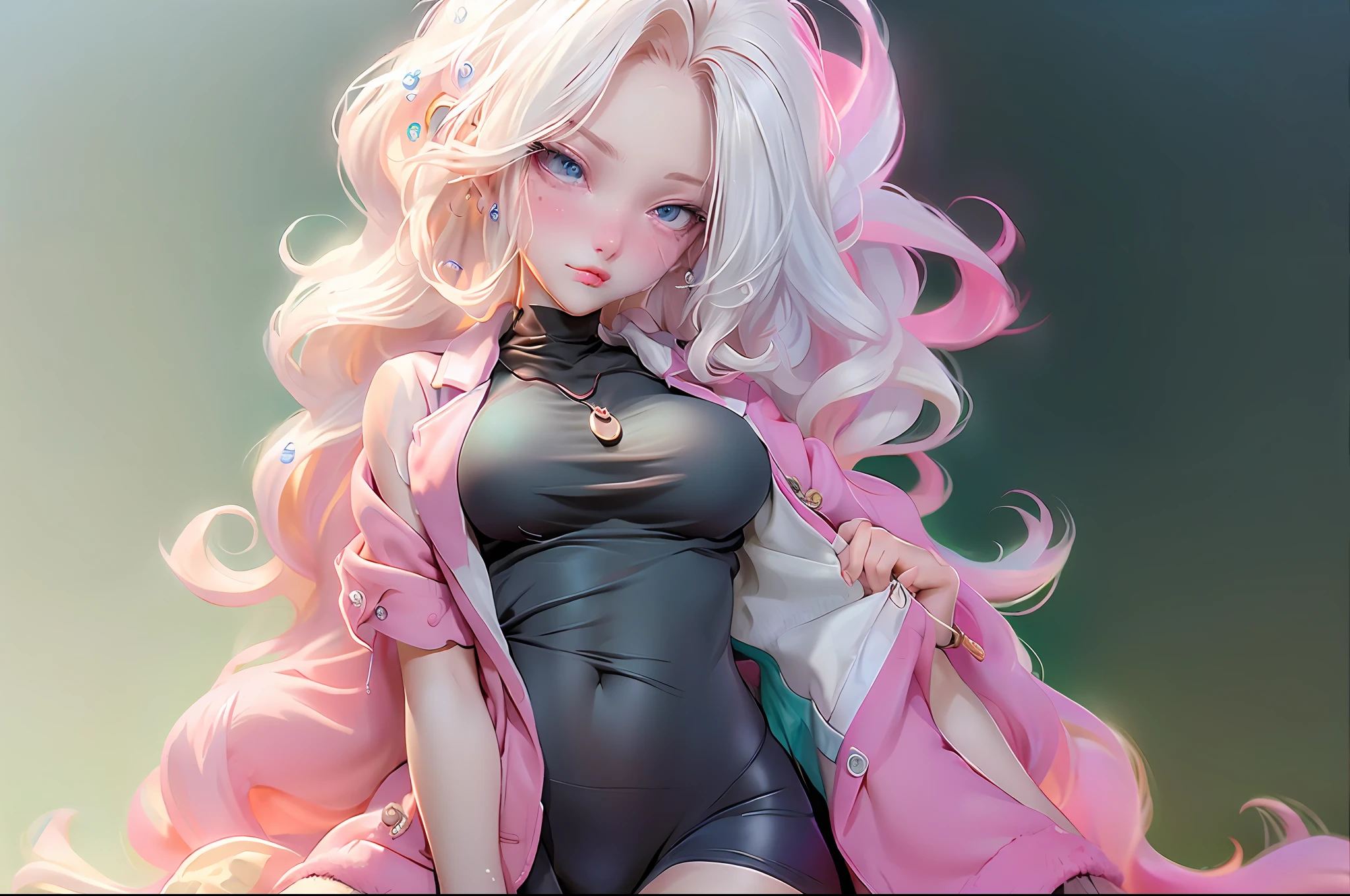 1girl,simple background,{panties),messy,cum on bodyl),wet,mist,stream,cryingmedium breast, short curlymessy hair ,(white hair((pinkmediumhair)),beautiful aquagradient green and pink eyes(torn.clothes)l,open-chest coat,whiteclothes,streaming tear, upperbody,Rub breasts