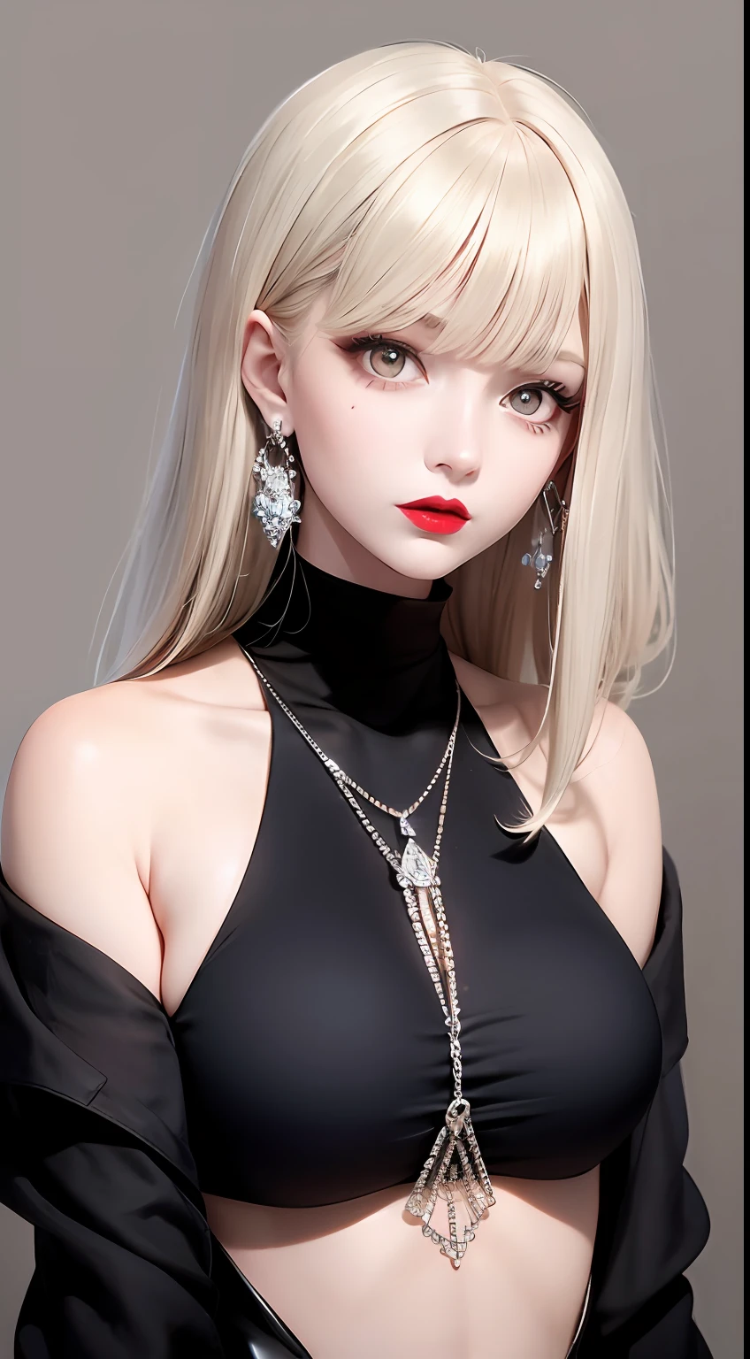Adult women,black color dress,cropped shoulders,straight, long and flowing hair,blond hairbl,Blue pupils,Big red lips,beautifulface,Silver-toned earrings and pendants,The upper part of the body,white backgrounid,tmasterpiece,exquisite detailing