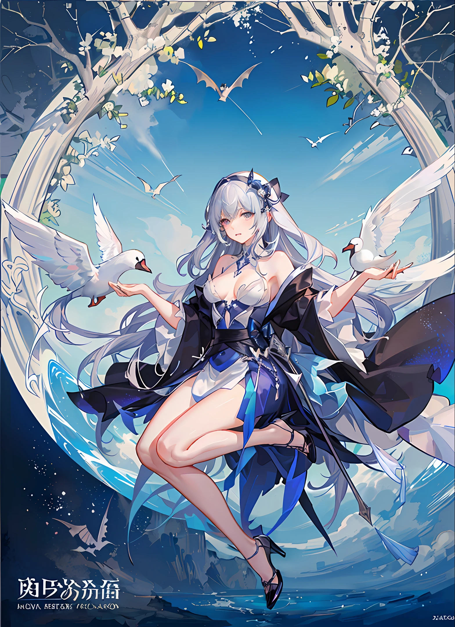 Meteorite falls，casa medieval，Silver-haired beast girl，As graceful as a swan，Holding a staff in his hand，beast ear，cloaks，24k wallpapers，Naked body，Feminine and charming，There are bat wings