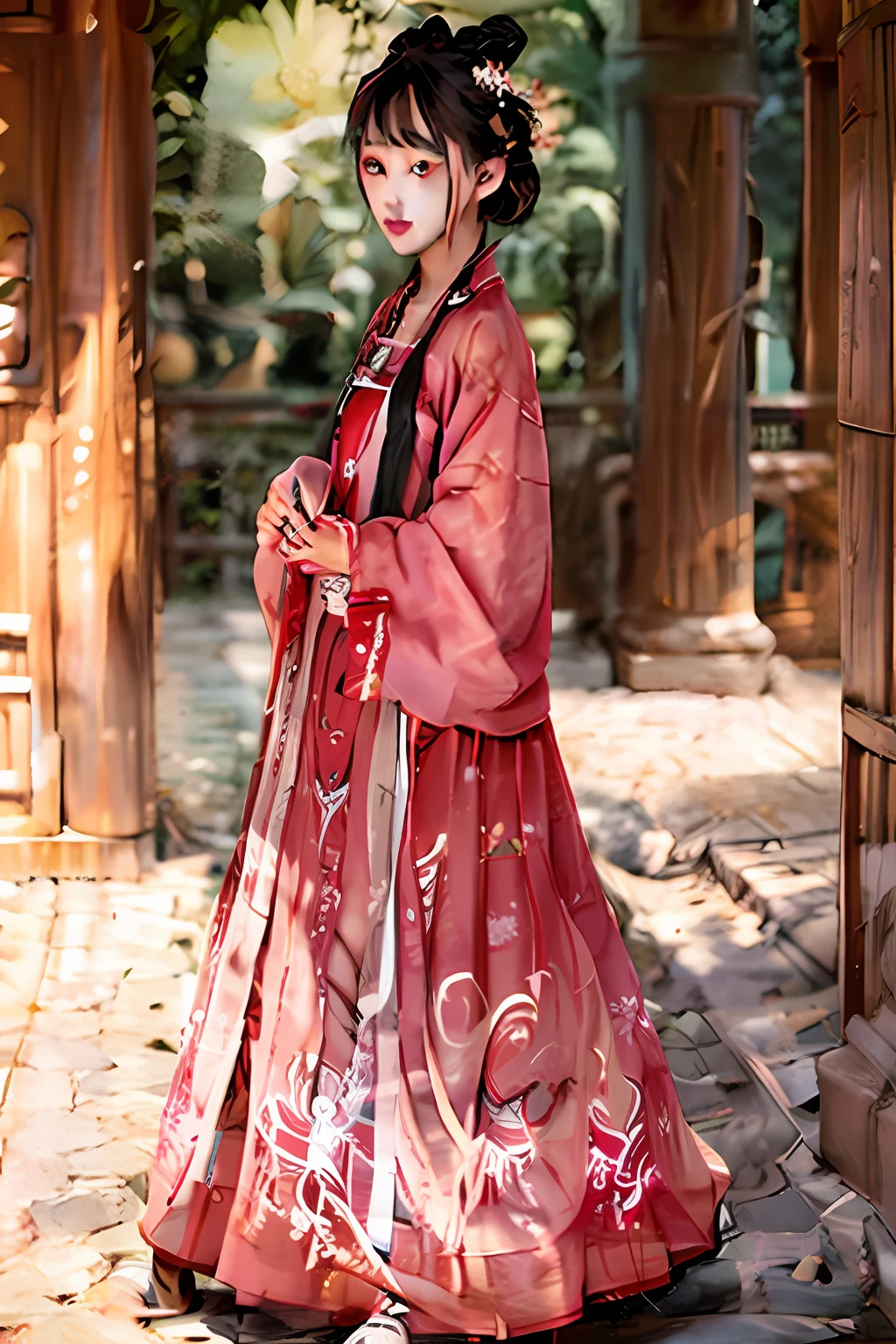 red - eyed，ember，brunette color hair，Hanfu，high high quality，tmasterpiece