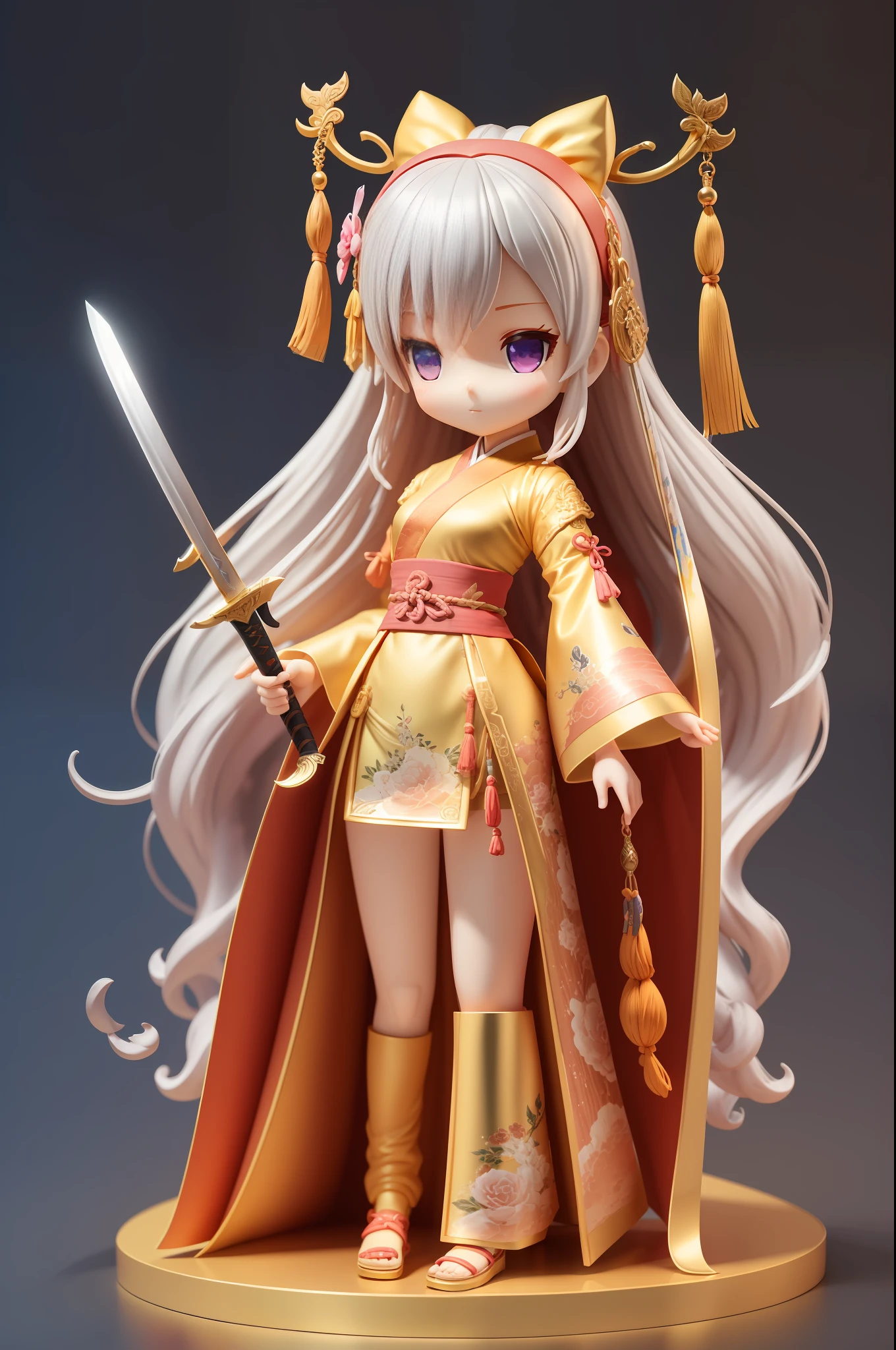 There is a blind box on the stand，Open state，A maiden in a box，wearing a hanfu，she is holding a katana sword, 8k，hyper HD，high definition detail，tmasterpiece，（A half body：1.2），3 D painting、OC renderer，3Drenderingof，（（The finest details））, ( highly detailed figure )，（（high qulity））, sliver long hair ,Pop Mart Blind Box，Blind box dolls， high detal, 4k rendering, Anime figur, Wave pose，Girly pose