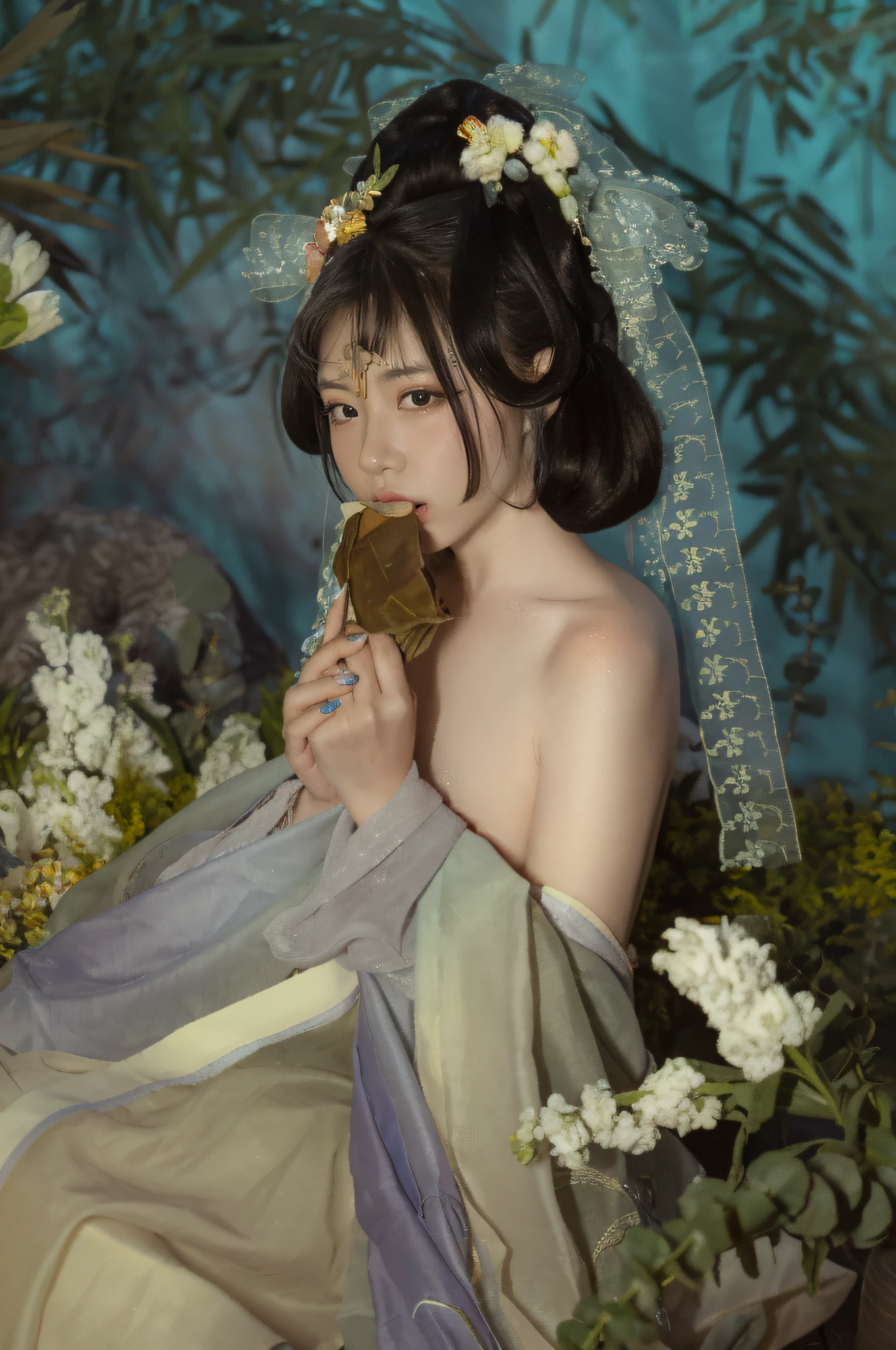 In the flower field sat a woman in a dress, Palace , A girl in Hanfu, Guviz, Guviz-style artwork, Hanfu, By Leng Mei, Inspired by Lan Ying, White Hanfu, guweiz masterpiece, by Yang J, inspired by Chen Yifei, inspired by Jin Nong